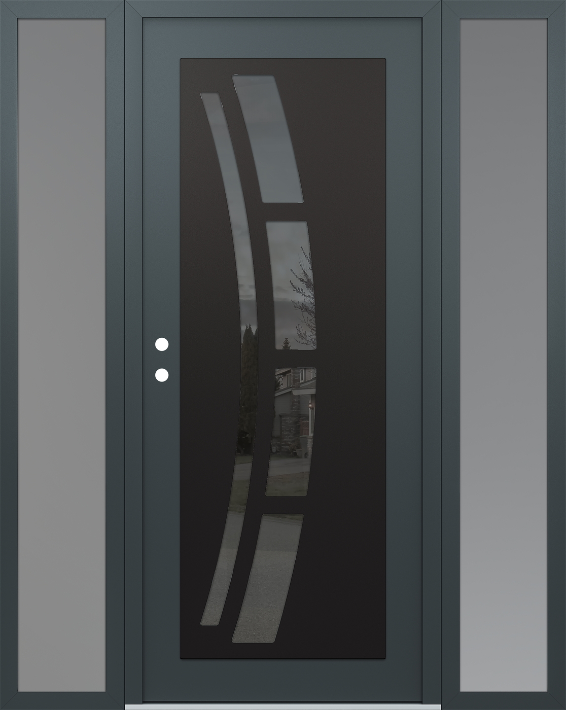 Modern Steel Front Door Diamond C12 64" x 80" anthracite/anthracite mirrored Glass Panel black RHI with 2 Sidelites frosted Glass