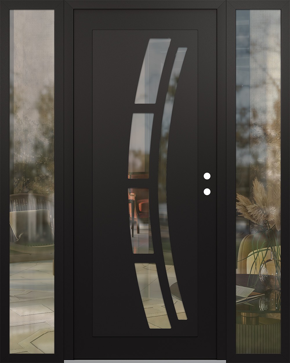 Modern Steel Front Door Diamond C12 64" x 80" black/black clear Glass Panel black LHI with 2 Sidelites clear Glass