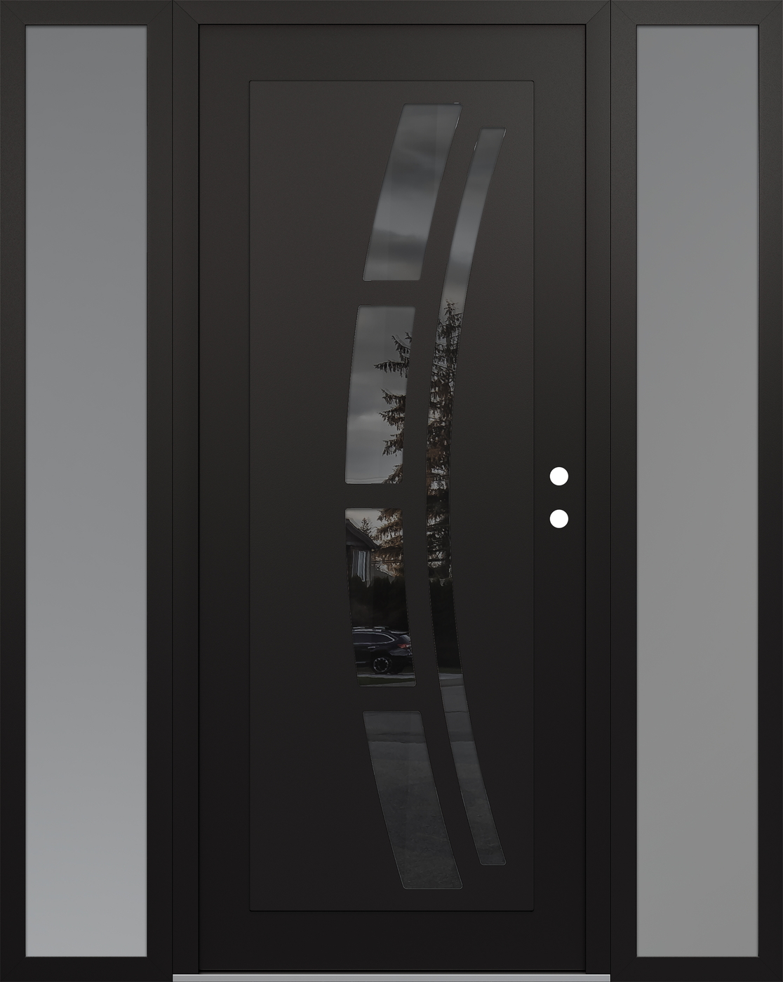 Modern Steel Front Door Diamond C12 64" x 80" black/black mirrored Glass Panel black LHI with 2 Sidelites frosted Glass
