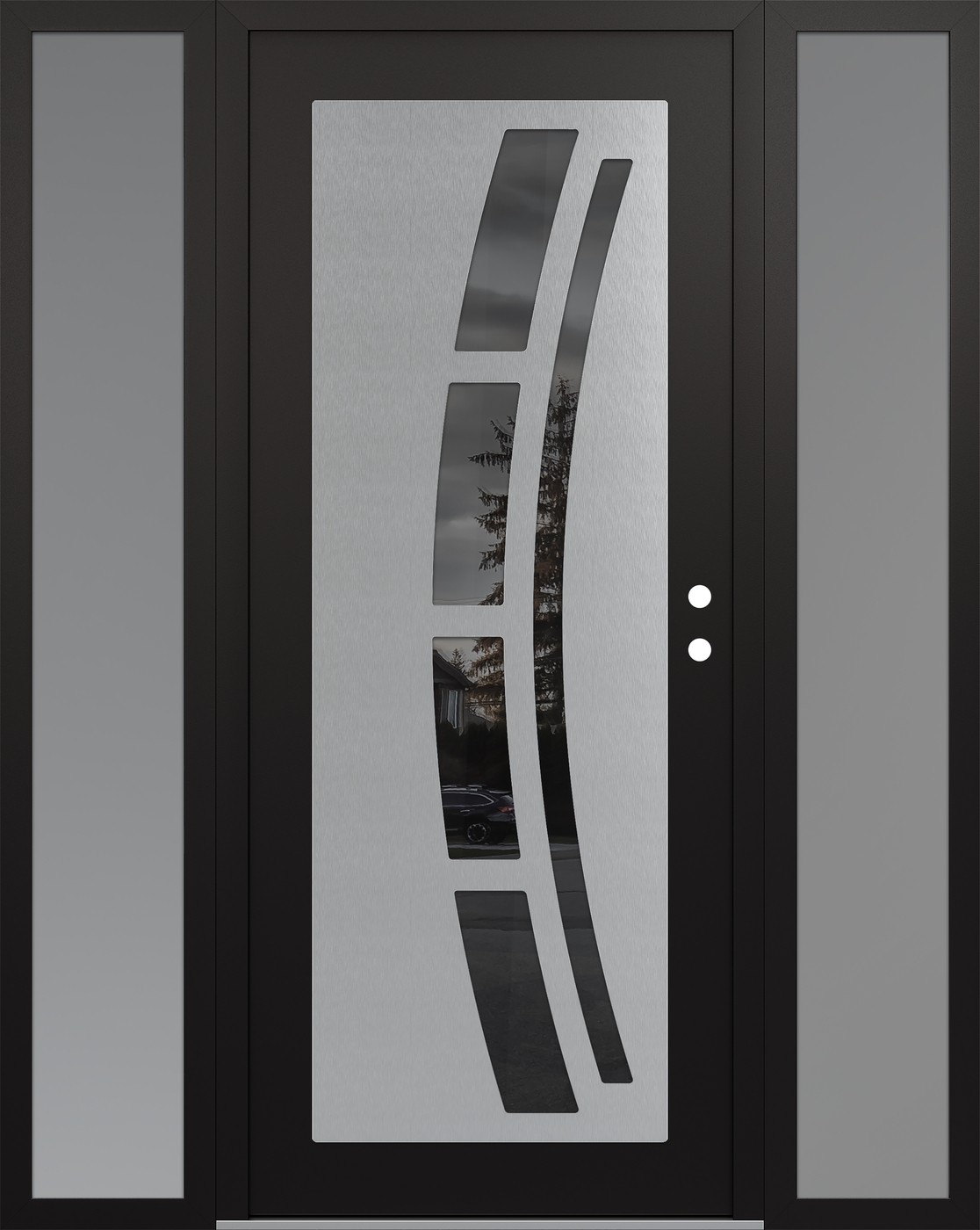 Modern Steel Front Door Diamond C12 64" x 80" black/black mirrored Glass Panel stainless steel LHI with 2 Sidelites frosted Glass