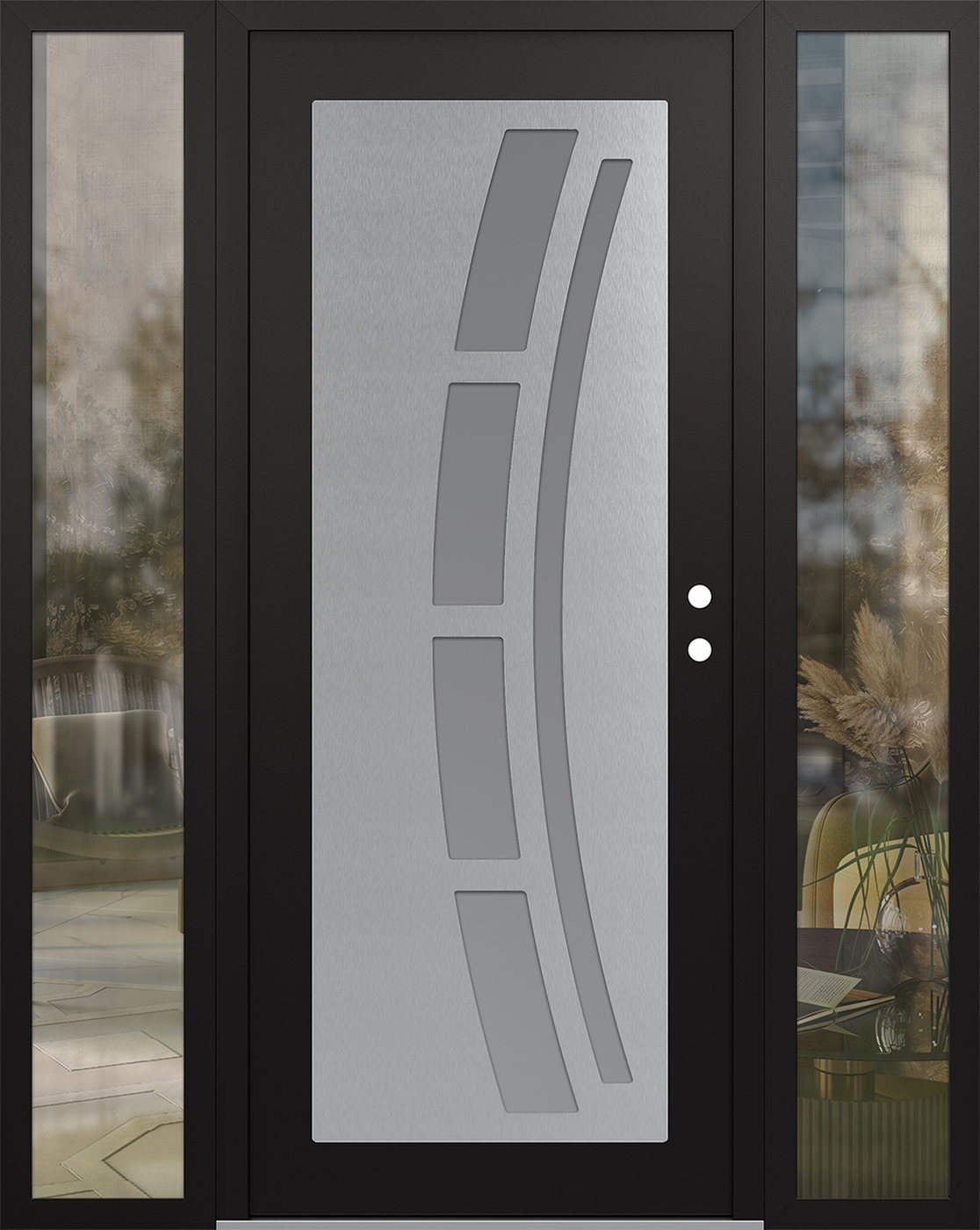 Modern Steel Front Door Diamond C12 64" x 80" black/white frosted Glass Panel stainless steel LHI with 2 Sidelites clear Glass