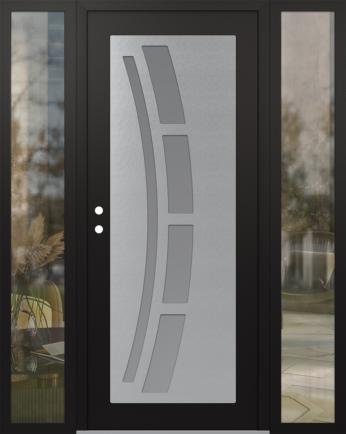Modern Steel Front Door Diamond C12 64" x 80" black/white frosted Glass Panel stainless steel RHI with 2 Sidelites clear Glass
