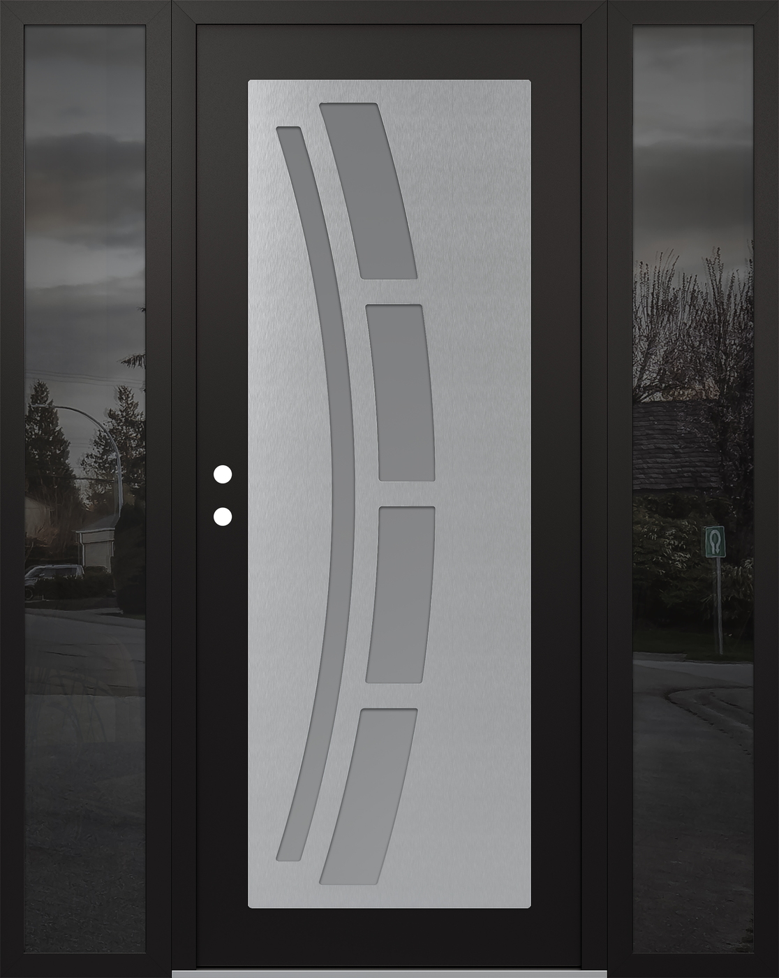 Modern Steel Front Door Diamond C12 64" x 80" black/white frosted Glass Panel stainless steel RHI with 2 Sidelites mirrored Glass