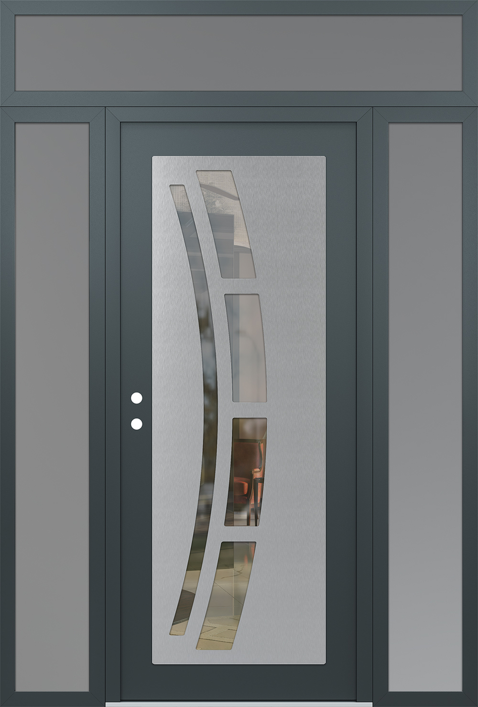Modern Steel Front Door Diamond C12 64" x 96" anthracite/anthracite clear Glass Panel stainless steel RHI with 2 Sidelites and Transom frosted Glass