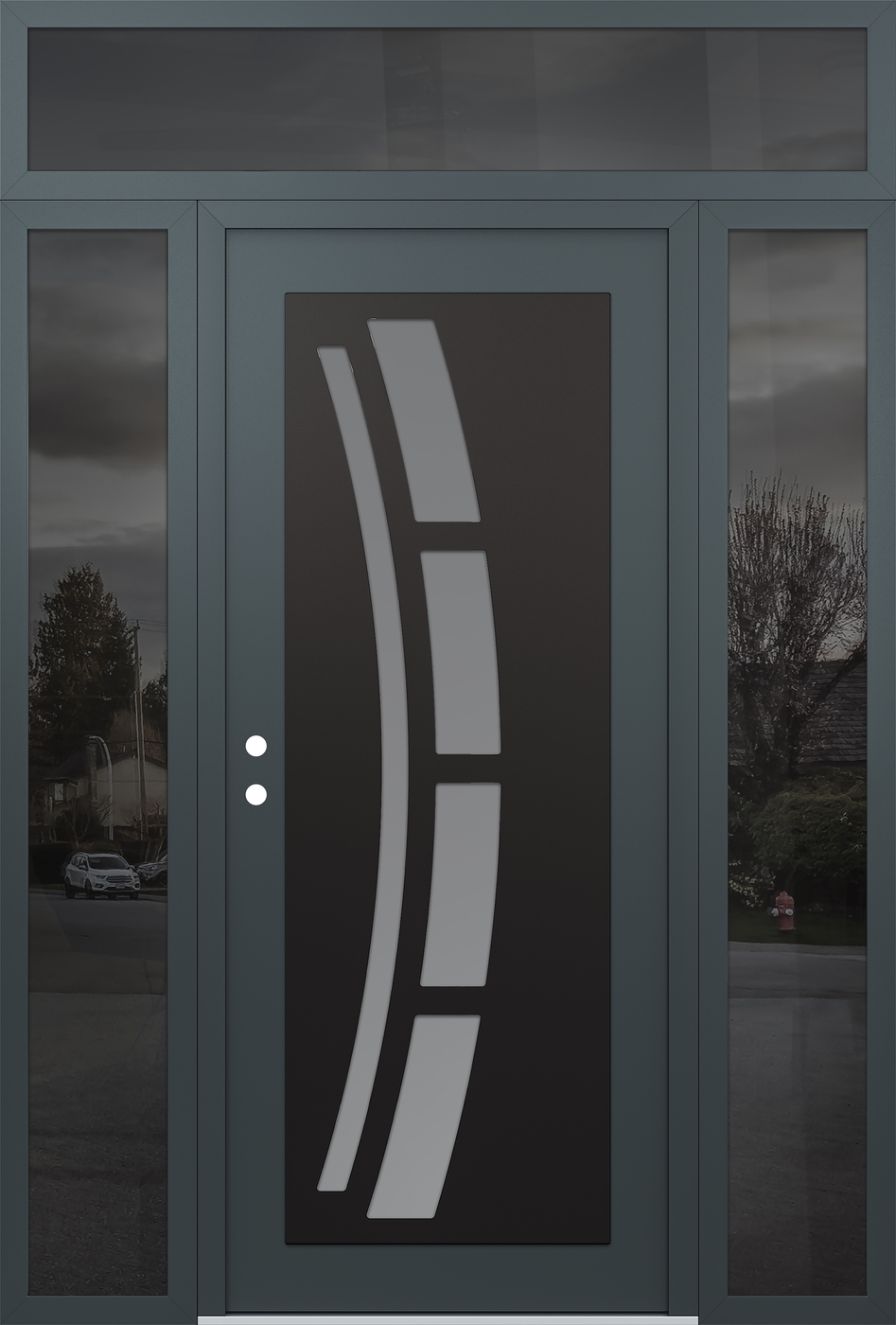 Modern Steel Front Door Diamond C12 64" x 96" anthracite/anthracite frosted Glass Panel black RHI with 2 Sidelites and Transom mirrored Glass