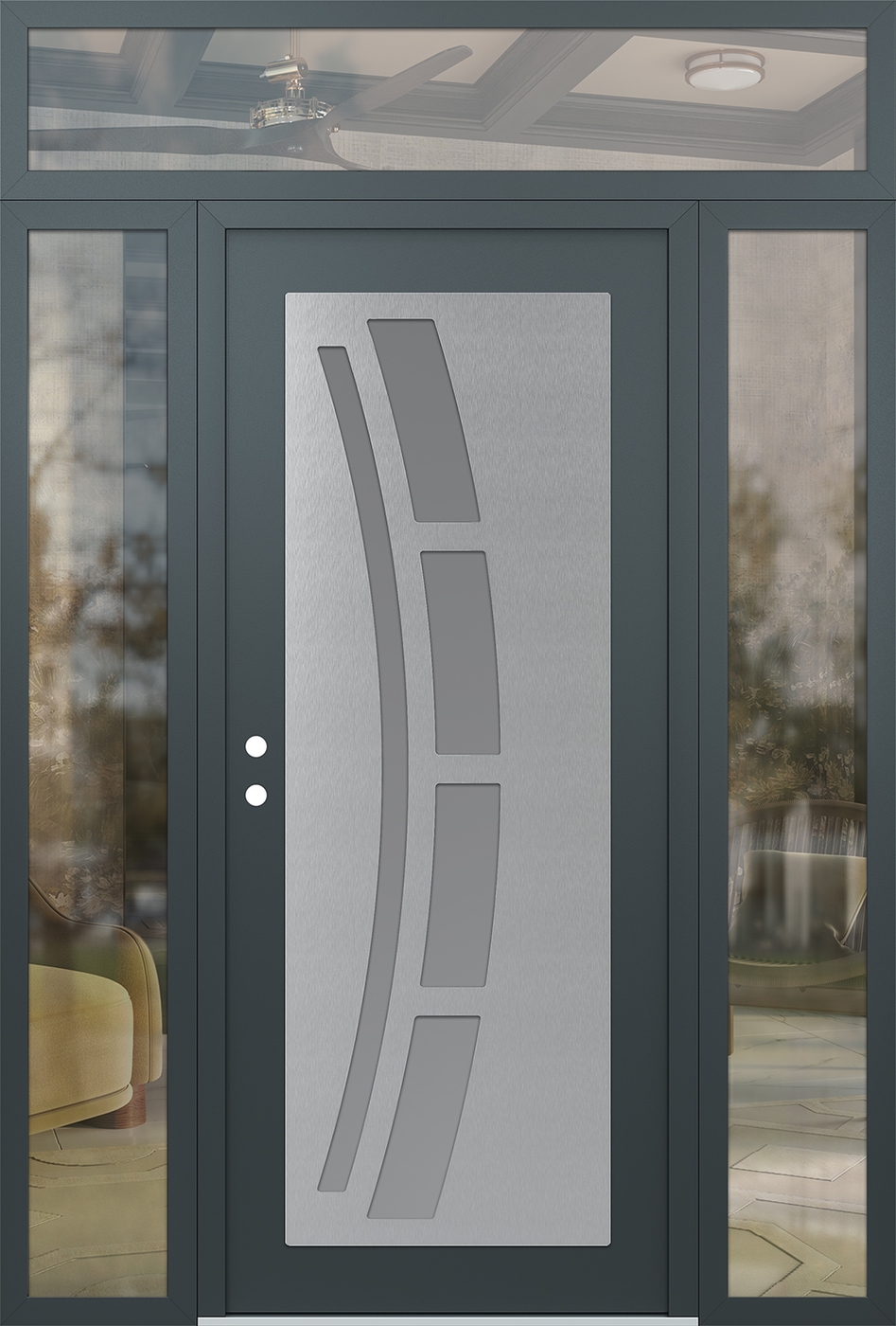 Modern Steel Front Door Diamond C12 64" x 96" anthracite/anthracite frosted Glass Panel stainless steel RHI with 2 Sidelites and Transom clear Glass