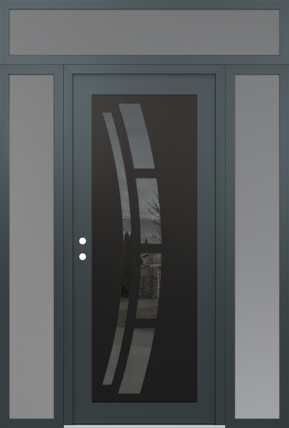 Modern Steel Front Door Diamond C12 64" x 96" anthracite/anthracite mirrored Glass Panel black RHI with 2 Sidelites and Transom frosted Glass