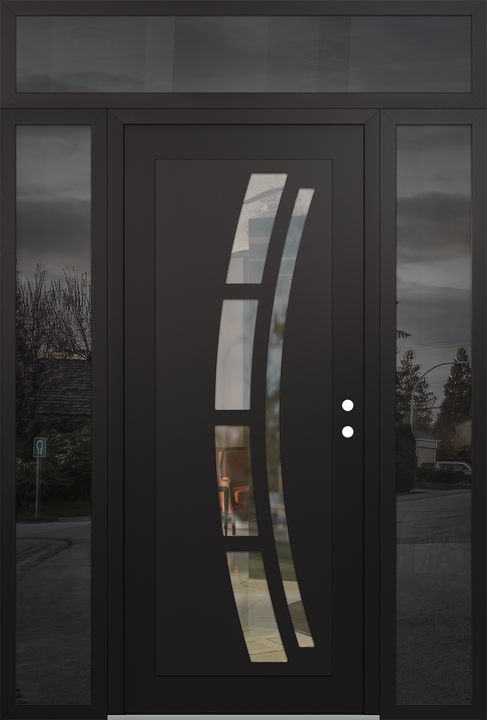 Modern Steel Front Door Diamond C12 64" x 96" black/black clear Glass Panel black LHI with 2 Sidelites and Transom mirrored Glass