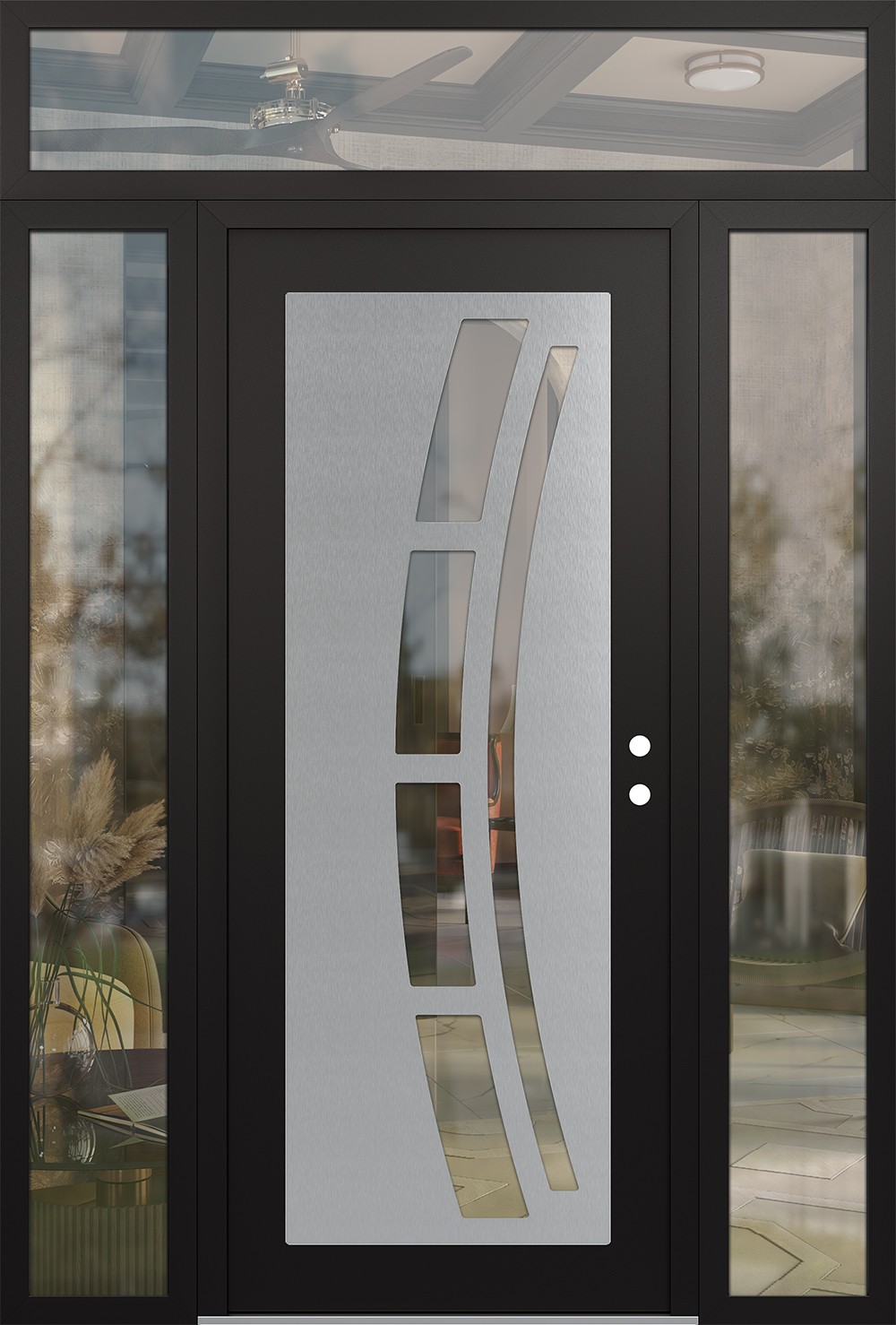 Modern Steel Front Door Diamond C12 64" x 96" black/black clear Glass Panel stainless steel LHI with 2 Sidelites and Transom clear Glass