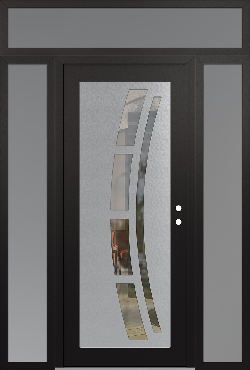 Modern Steel Front Door Diamond C12 64" x 96" black/black clear Glass Panel stainless steel LHI with 2 Sidelites and Transom frosted Glass