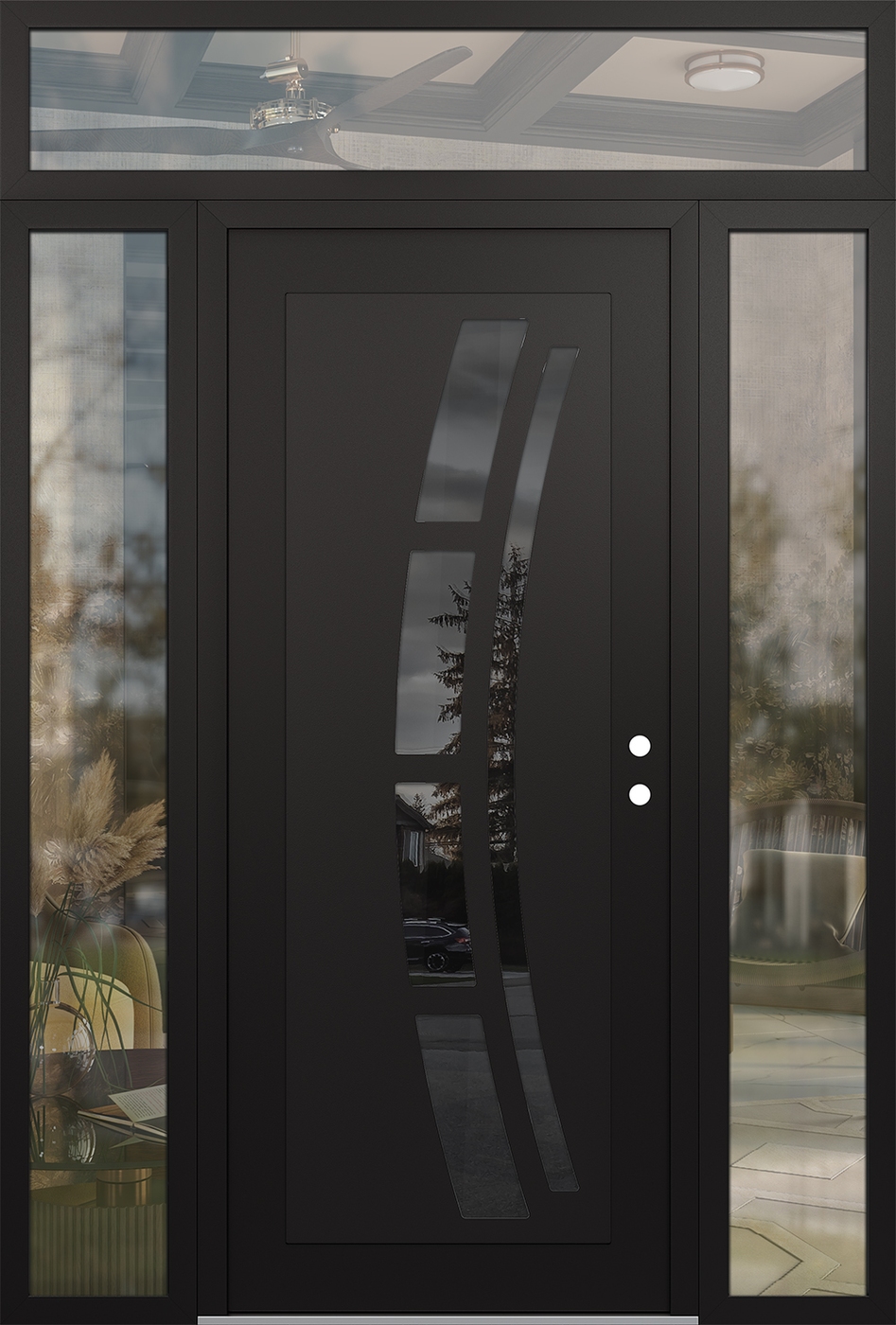 Modern Steel Front Door Diamond C12 64" x 96" black/black mirrored Glass Panel black LHI with 2 Sidelites and Transom clear Glass