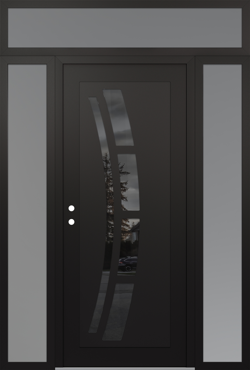 Modern Steel Front Door Diamond C12 64" x 96" black/black mirrored Glass Panel black RHI with 2 Sidelites and Transom frosted Glass