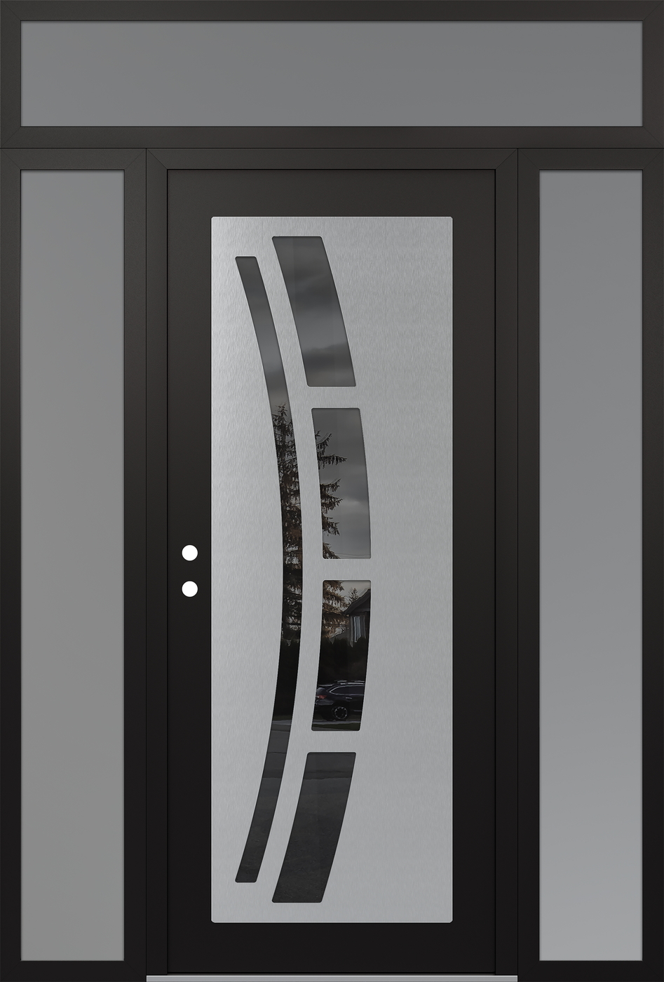 Modern Steel Front Door Diamond C12 64" x 96" black/black mirrored Glass Panel stainless steel RHI with 2 Sidelites and Transom frosted Glass