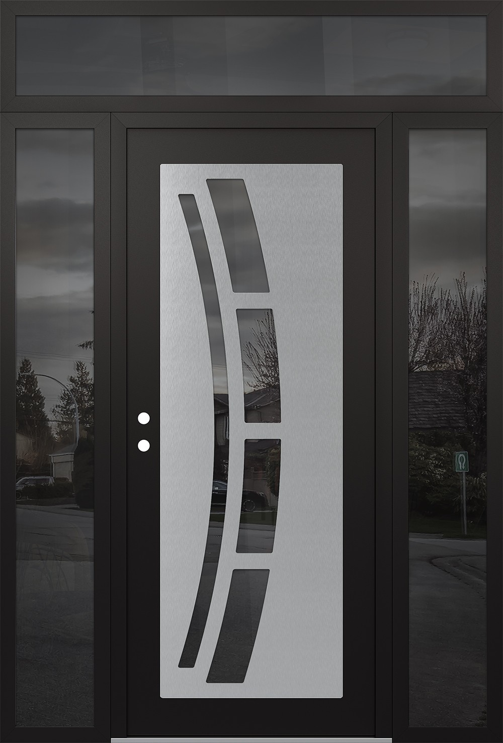 Modern Steel Front Door Diamond C12 64" x 96" black/black mirrored Glass Panel stainless steel RHI with 2 Sidelites and Transom mirrored Glass