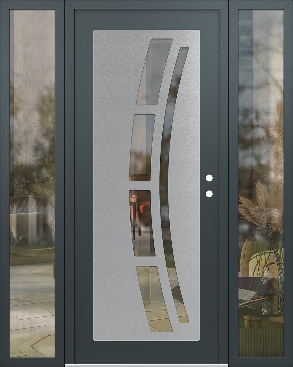 Modern Steel Front Door Diamond C12 68" x 80" anthracite/anthracite clear Glass Panel stainless steel LHI with 2 Sidelites clear Glass