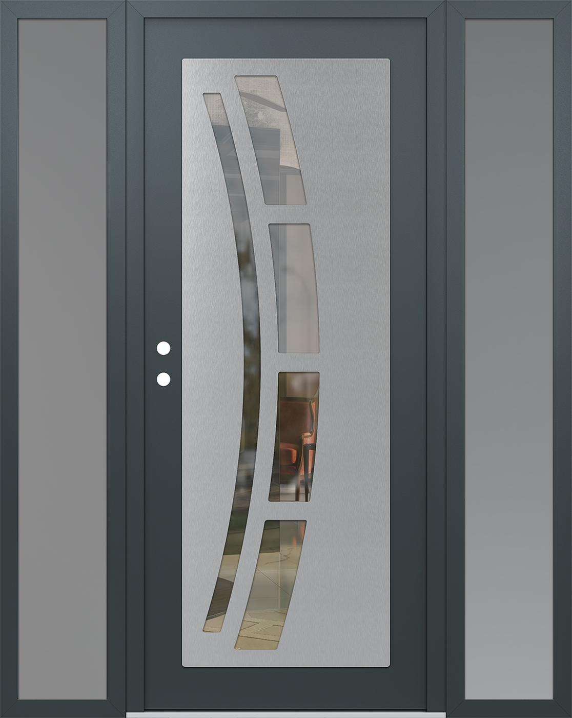 Modern Steel Front Door Diamond C12 68" x 80" anthracite/anthracite clear Glass Panel stainless steel RHI with 2 Sidelites frosted Glass
