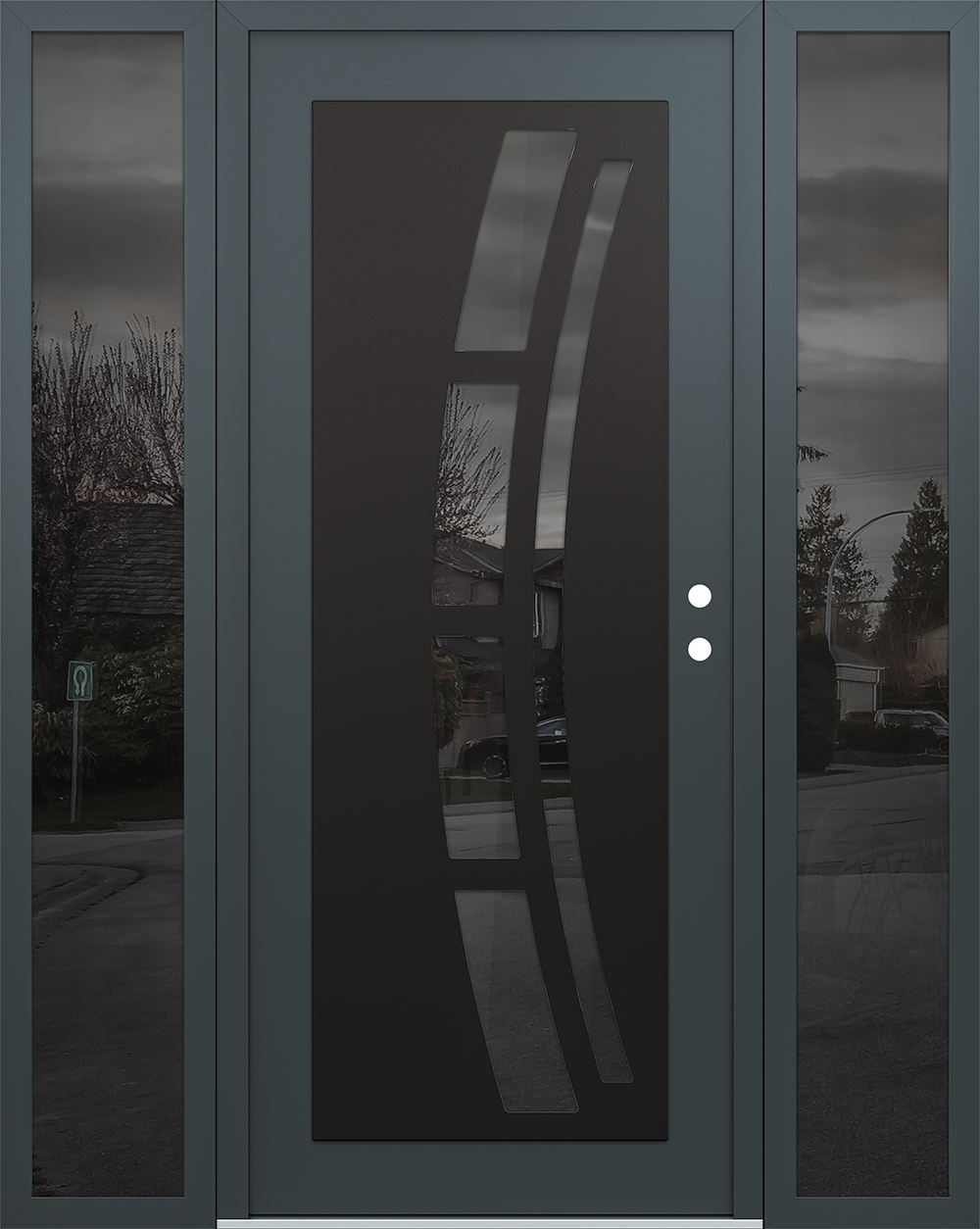 Modern Steel Front Door Diamond C12 68" x 80" anthracite/anthracite mirrored Glass Panel black LHI with 2 Sidelites mirrored Glass