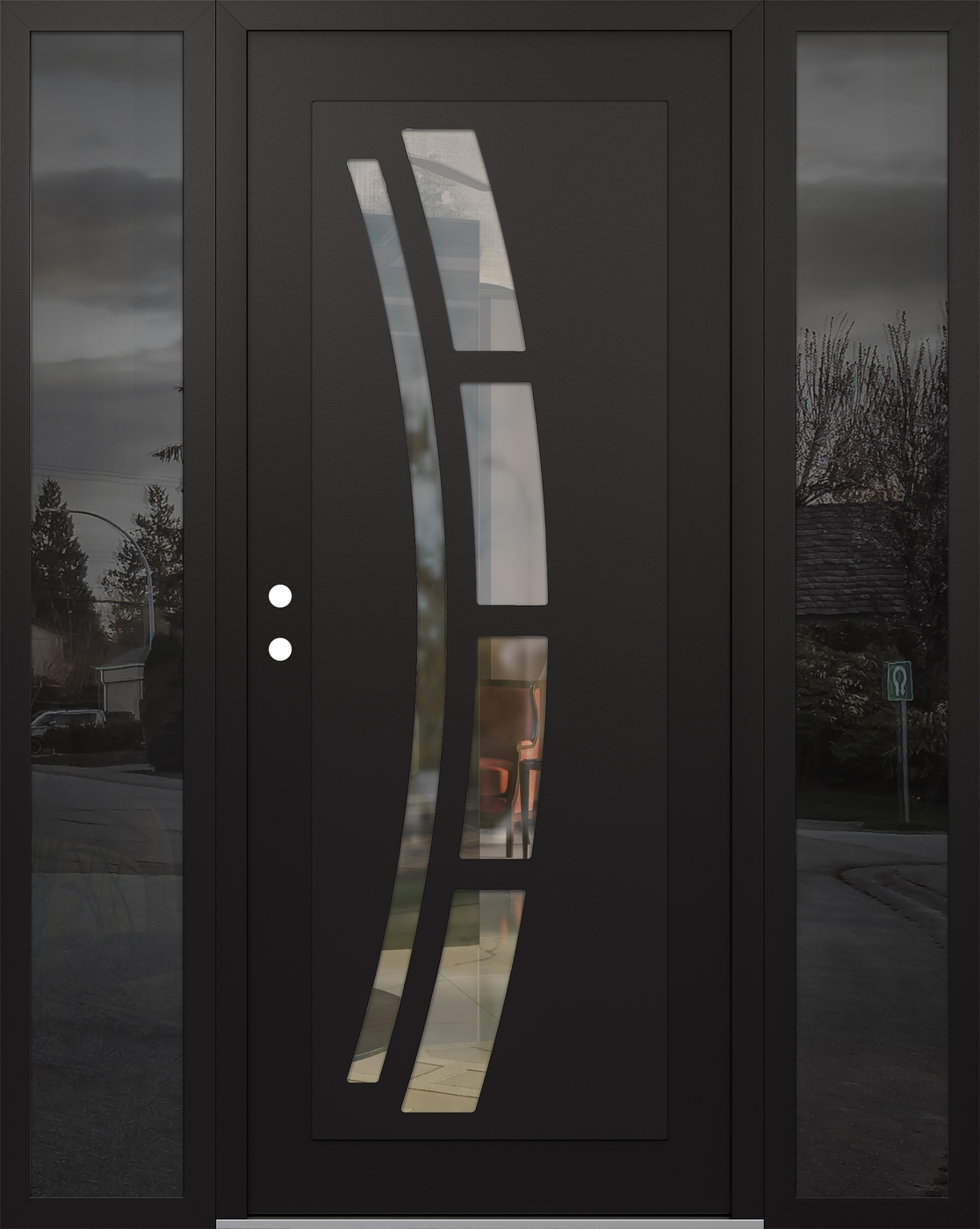Modern Steel Front Door Diamond C12 68" x 80" black/black clear Glass Panel black RHI with 2 Sidelites mirrored Glass