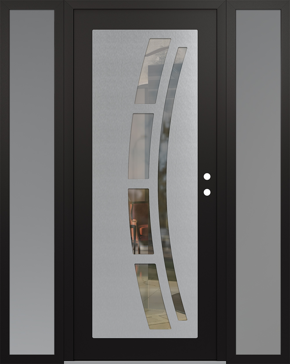 Modern Steel Front Door Diamond C12 68" x 80" black/black clear Glass Panel stainless steel LHI with 2 Sidelites frosted Glass