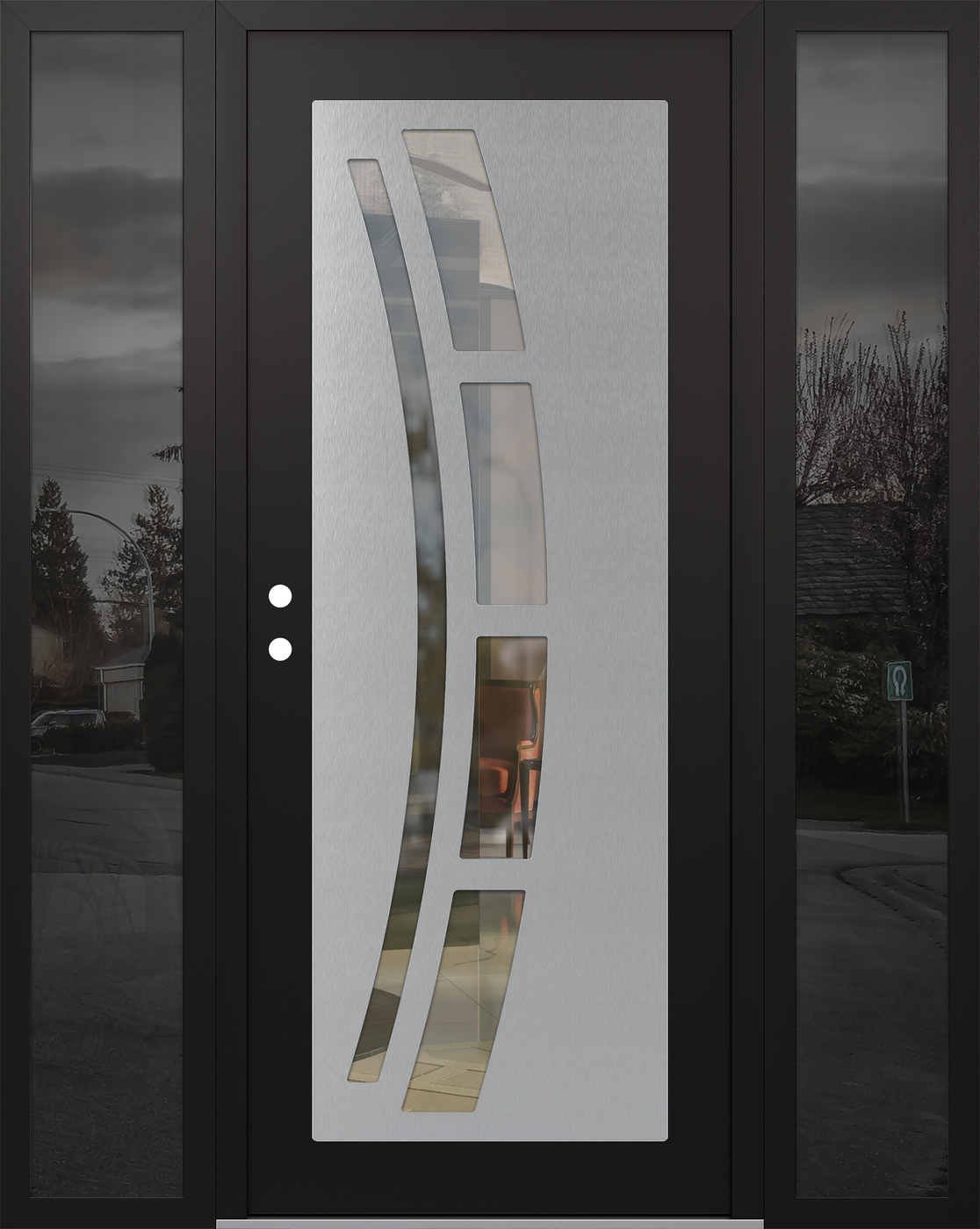 Modern Steel Front Door Diamond C12 68" x 80" black/black clear Glass Panel stainless steel RHI with 2 Sidelites mirrored Glass