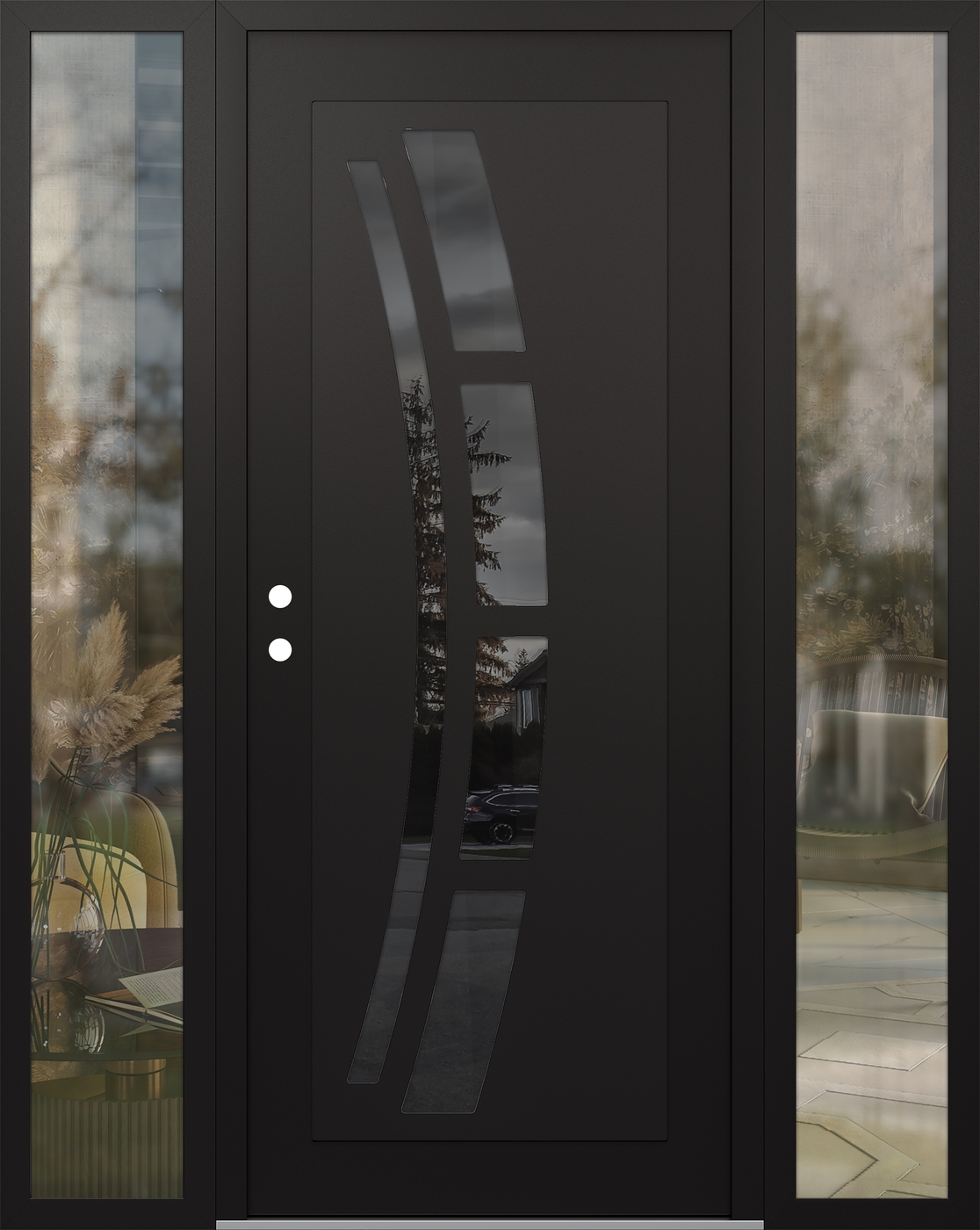 Modern Steel Front Door Diamond C12 68" x 80" black/black mirrored Glass Panel black RHI with 2 Sidelites clear Glass