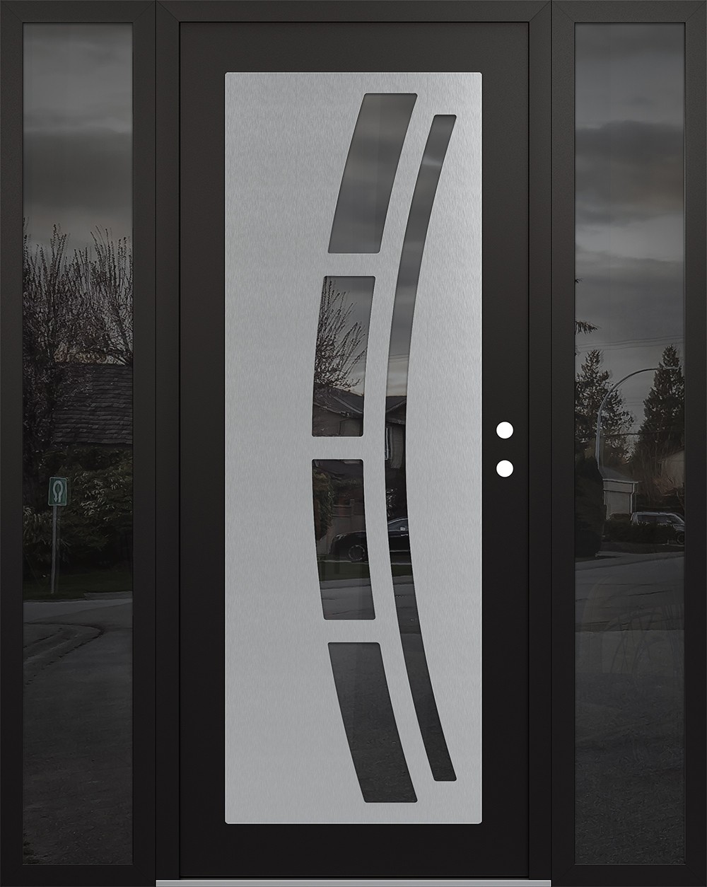 Modern Steel Front Door Diamond C12 68" x 80" black/black mirrored Glass Panel stainless steel LHI with 2 Sidelites mirrored Glass