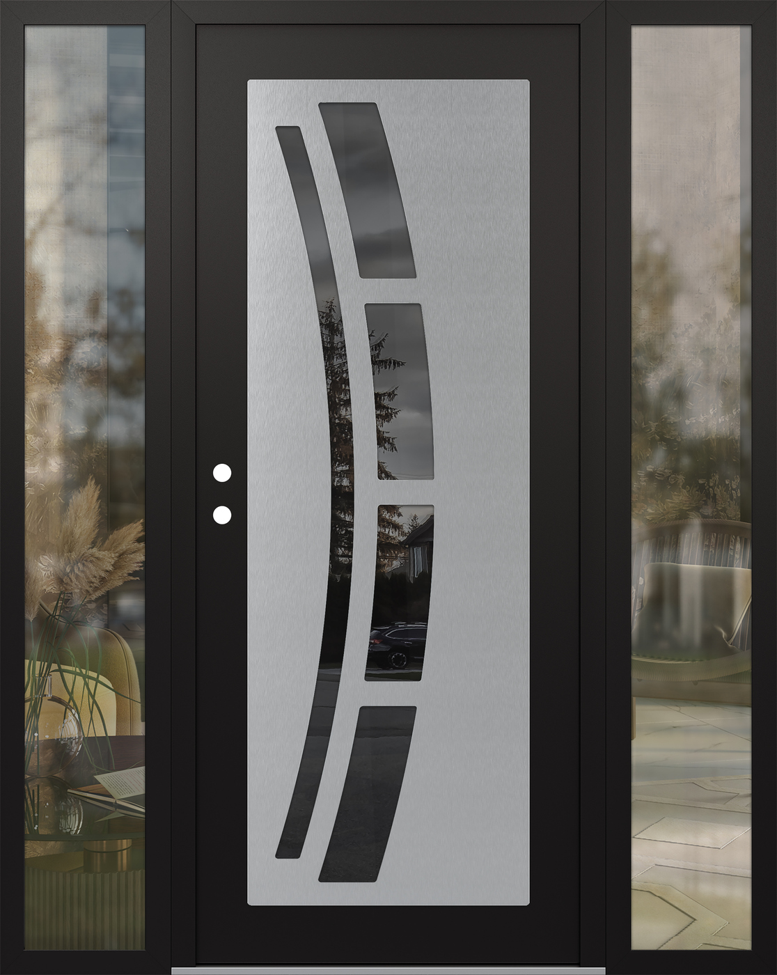 Modern Steel Front Door Diamond C12 68" x 80" black/black mirrored Glass Panel stainless steel RHI with 2 Sidelites clear Glass