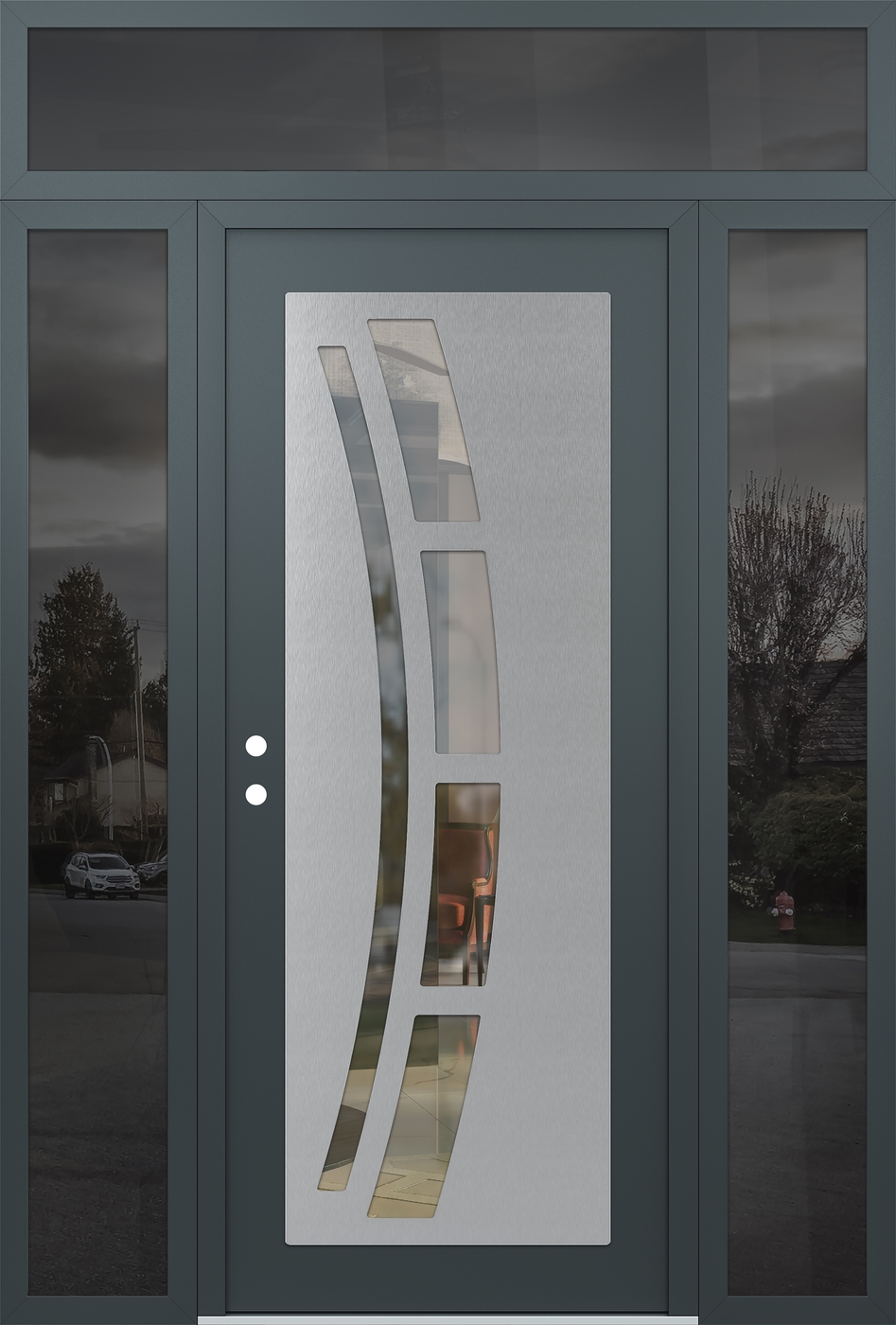 Modern Steel Front Door Diamond C12 68" x 96" anthracite/anthracite clear Glass Panel stainless steel RHI with 2 Sidelites and Transom mirrored Glass