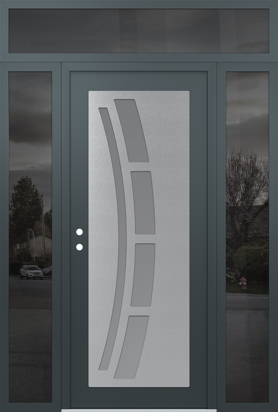 Modern Steel Front Door Diamond C12 68" x 96" anthracite/anthracite frosted Glass Panel stainless steel RHI with 2 Sidelites and Transom mirrored Glass