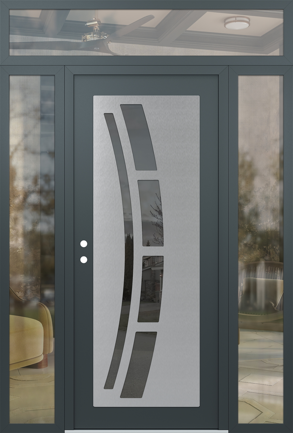 Modern Steel Front Door Diamond C12 68" x 96" anthracite/anthracite mirrored Glass Panel stainless steel RHI with 2 Sidelites and Transom clear Glass