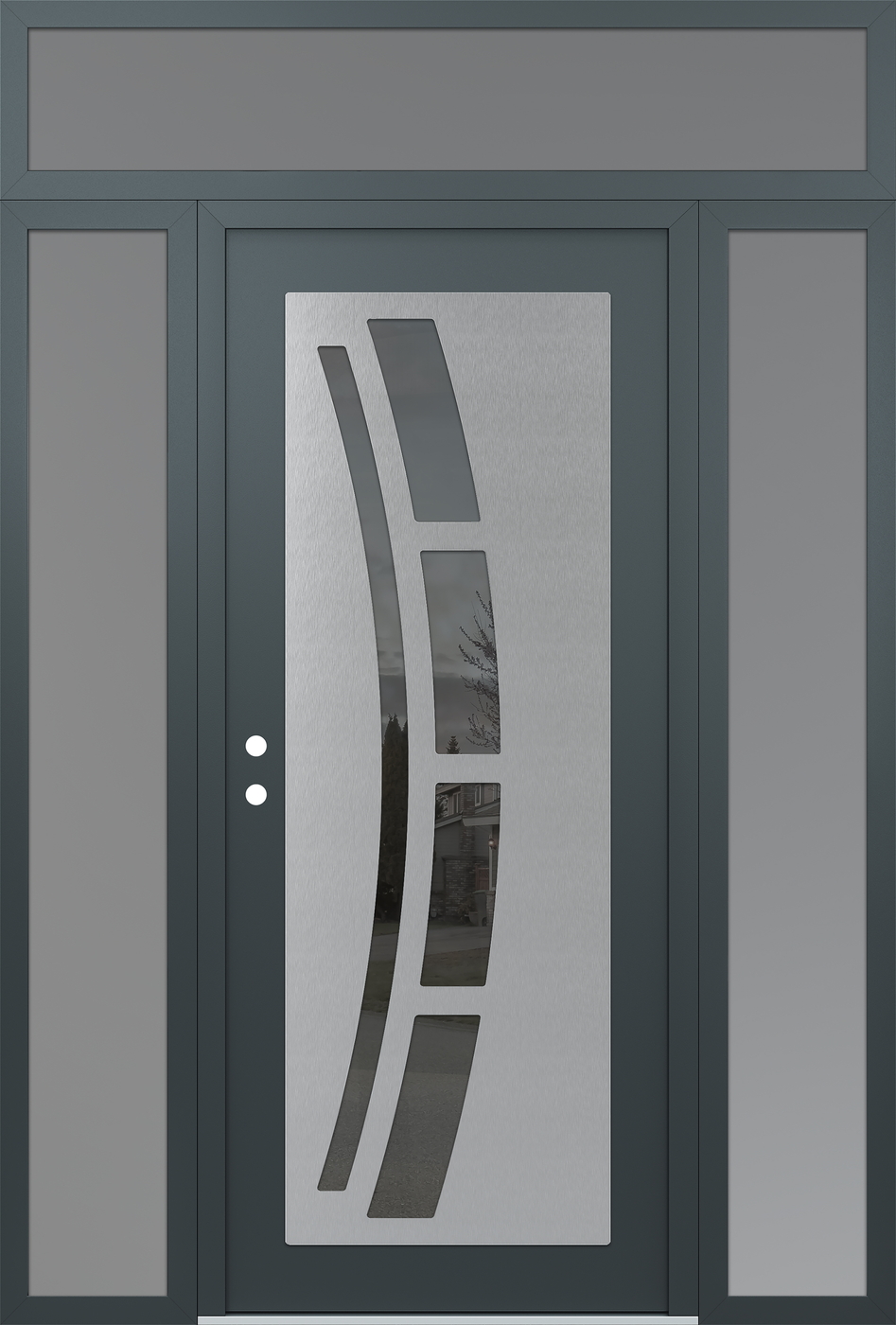 Modern Steel Front Door Diamond C12 68" x 96" anthracite/anthracite mirrored Glass Panel stainless steel RHI with 2 Sidelites and Transom frosted Glass