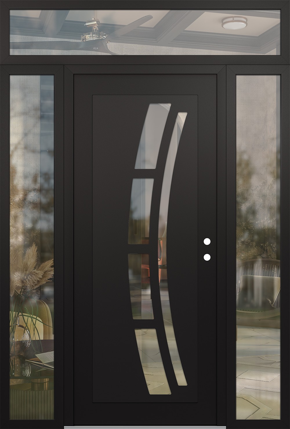 Modern Steel Front Door Diamond C12 68" x 96" black/black clear Glass Panel black LHI with 2 Sidelites and Transom clear Glass