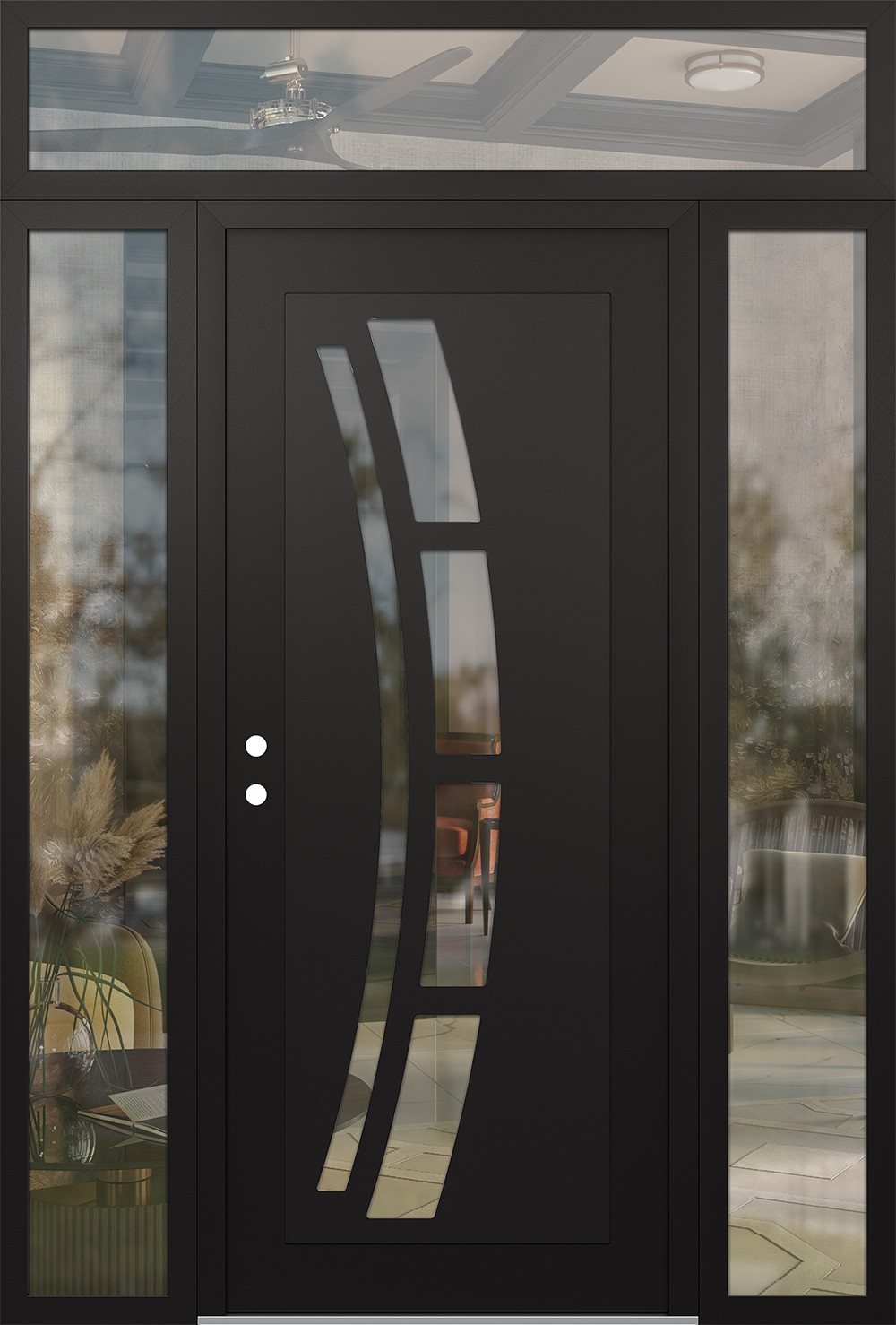 Modern Steel Front Door Diamond C12 68" x 96" black/black clear Glass Panel black RHI with 2 Sidelites and Transom clear Glass