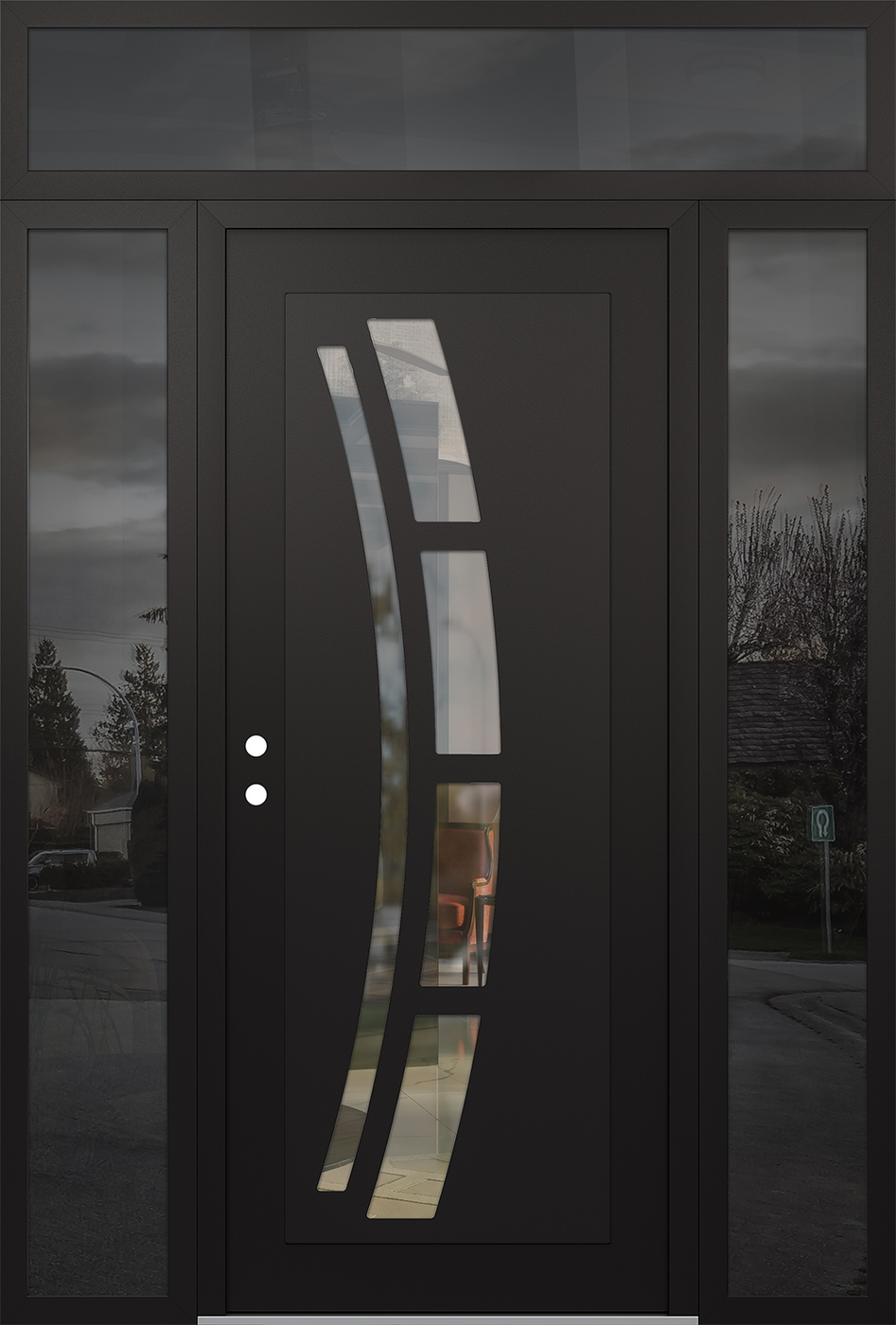 Modern Steel Front Door Diamond C12 68" x 96" black/black clear Glass Panel black RHI with 2 Sidelites and Transom mirrored Glass