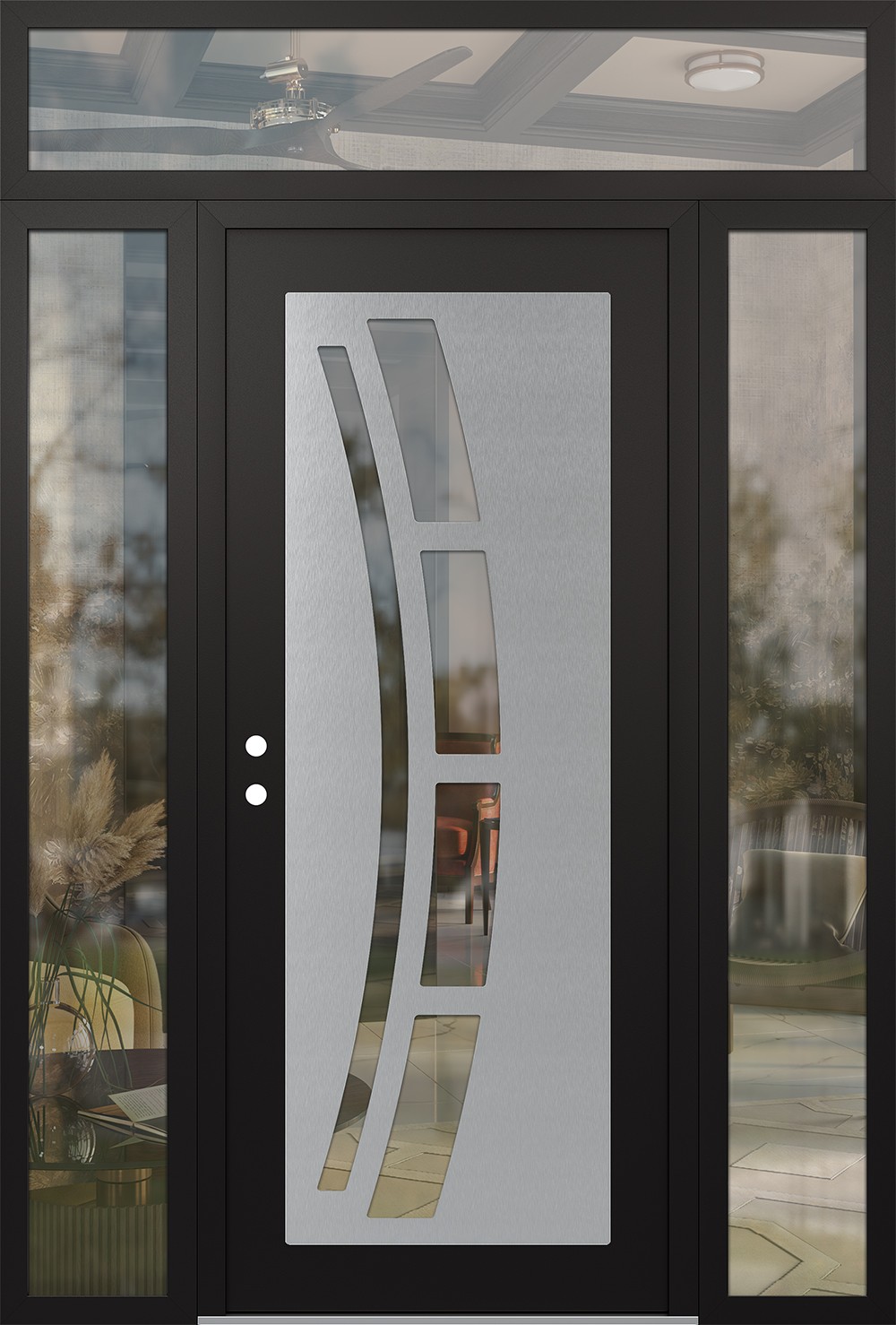 Modern Steel Front Door Diamond C12 68" x 96" black/black clear Glass Panel stainless steel RHI with 2 Sidelites and Transom clear Glass