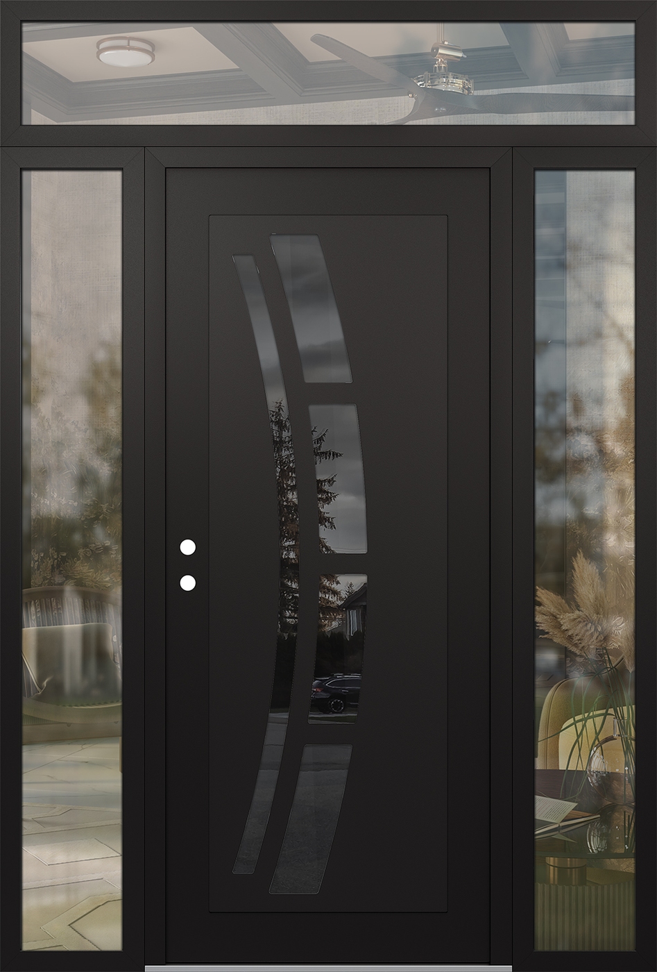 Modern Steel Front Door Diamond C12 68" x 96" black/black mirrored Glass Panel black RHI with 2 Sidelites and Transom clear Glass
