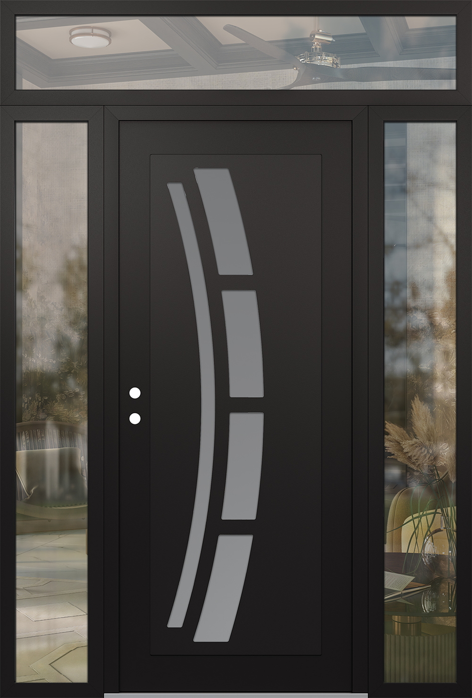 Modern Steel Front Door Diamond C12 68" x 96" black/white frosted Glass Panel black RHI with 2 Sidelites and Transom clear Glass