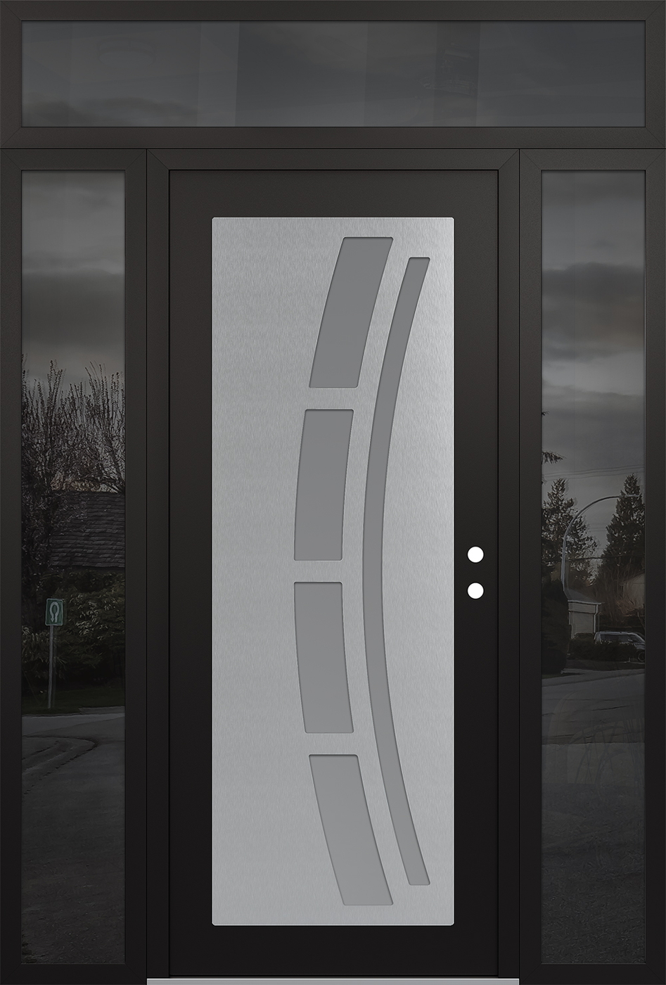 Modern Steel Front Door Diamond C12 68" x 96" black/white frosted Glass Panel stainless steel LHI with 2 Sidelites and Transom mirrored Glass