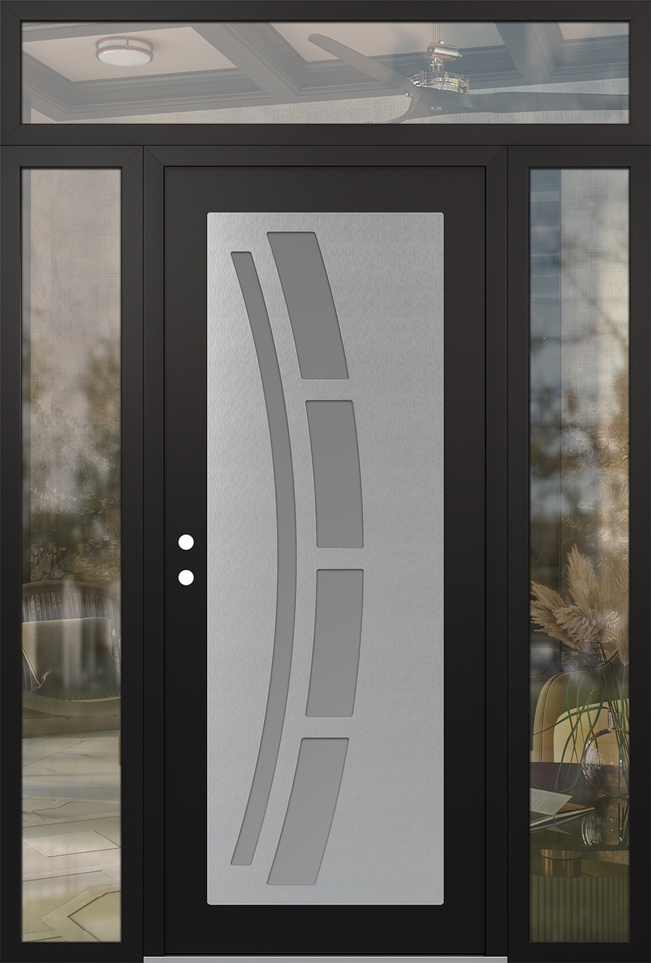 Modern Steel Front Door Diamond C12 68" x 96" black/white frosted Glass Panel stainless steel RHI with 2 Sidelites and Transom clear Glass