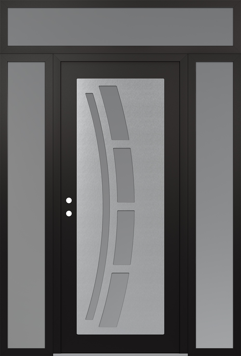 Modern Steel Front Door Diamond C12 68" x 96" black/white frosted Glass Panel stainless steel RHI with 2 Sidelites and Transom frosted Glass