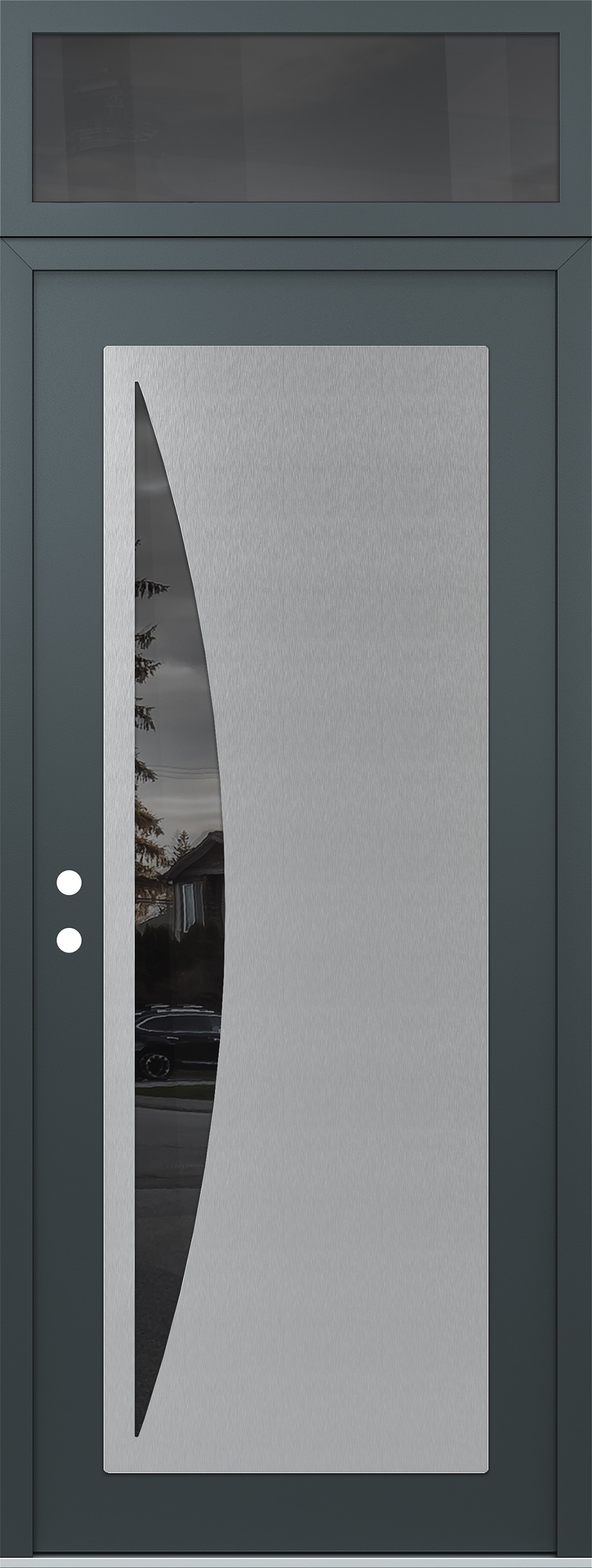 Modern Steel Front Door DIAMOND C13 36" X 96" ANTHRACITE/ANTHRACITE MIRRORED GLASS PANEL STAINLESS STEEL RHI WITH TRANSOM MIRRORED GLASS