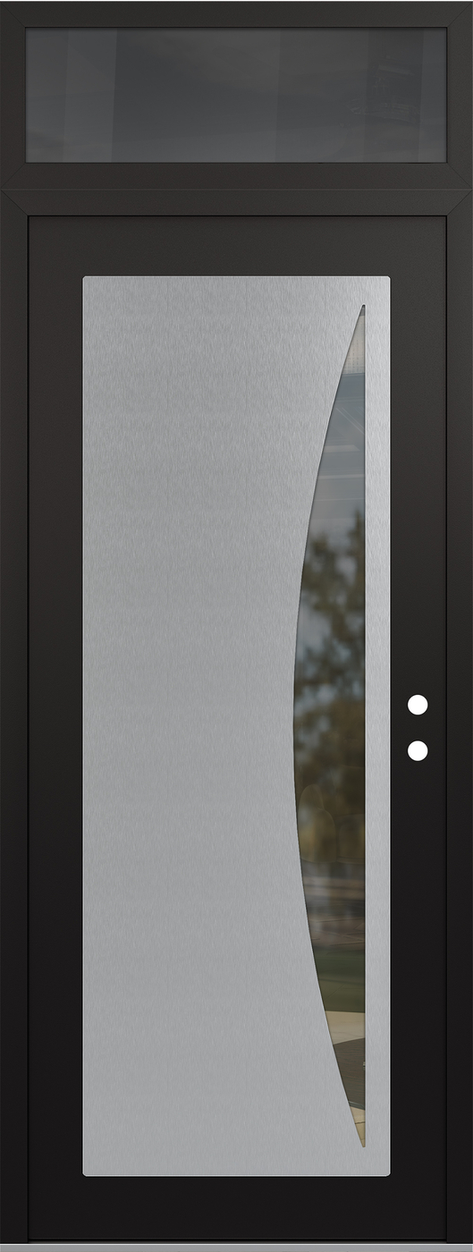 Modern Steel Front Door DIAMOND C13 36" X 96" BLACK/BLACK CLEAR GLASS PANEL STAINLESS STEEL LHI WITH TRANSOM MIRRORED GLASS