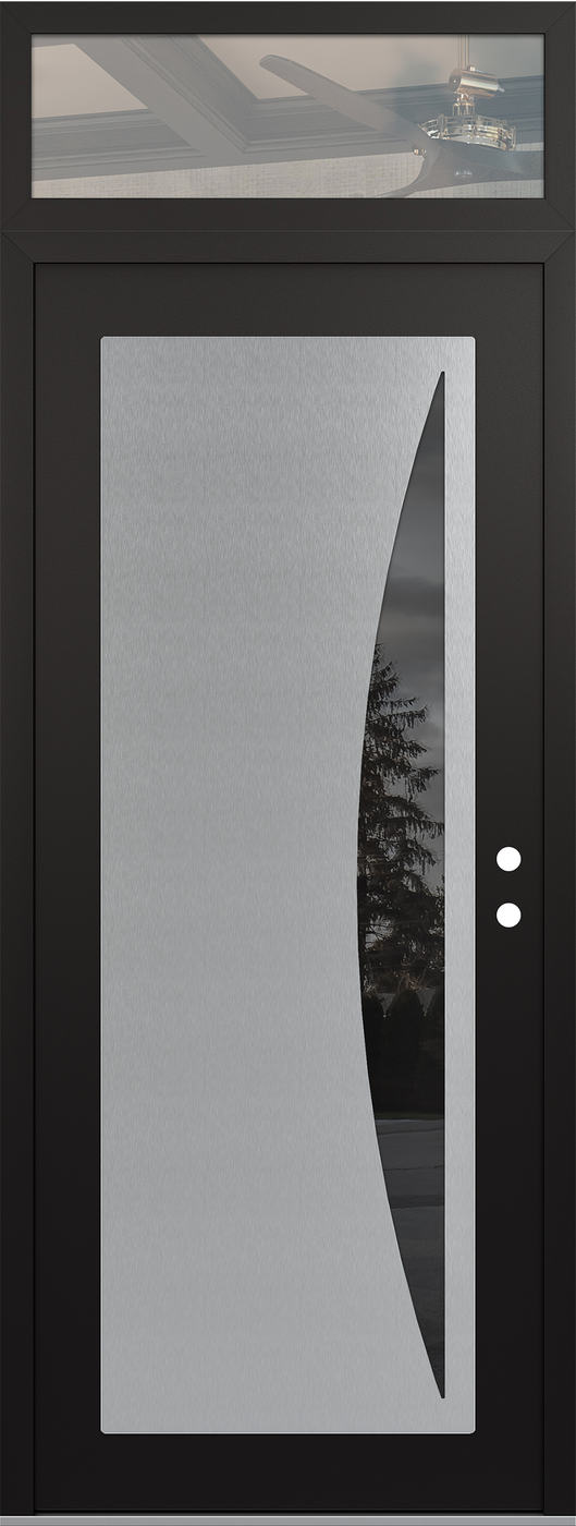 Modern Steel Front Door DIAMOND C13 36" X 96" BLACK/BLACK MIRRORED GLASS PANEL STAINLESS STEEL LHI WITH TRANSOM CLEAR GLASS