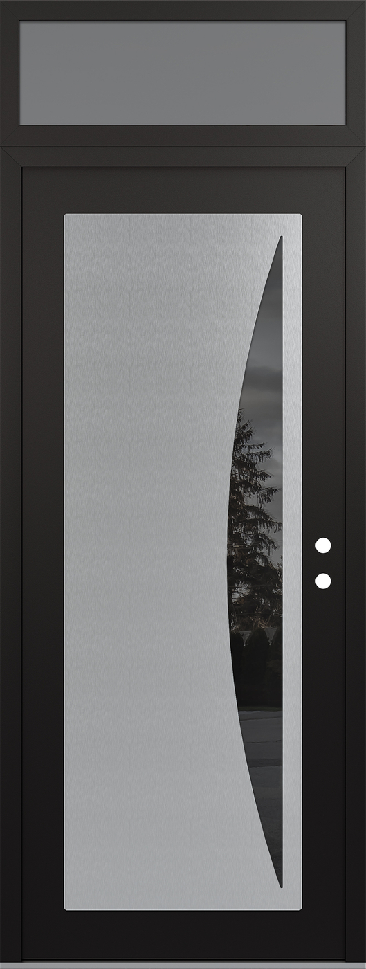 Modern Steel Front Door DIAMOND C13 36" X 96" BLACK/BLACK MIRRORED GLASS PANEL STAINLESS STEEL LHI WITH TRANSOM FROSTED GLASS