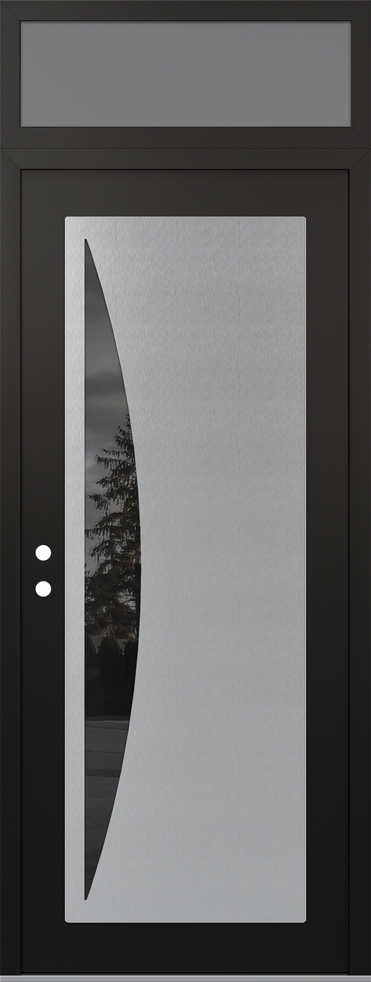 Modern Steel Front Door DIAMOND C13 36" X 96" BLACK/BLACK MIRRORED GLASS PANEL STAINLESS STEEL RHI WITH TRANSOM FROSTED GLASS