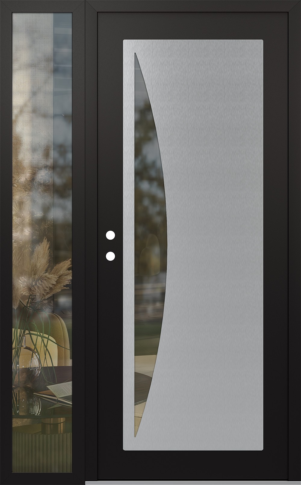 Modern Steel Front Door Diamond C13 48" x 80" black/black clear Glass Panel stainless steel RHI with Sidelite clear Glass