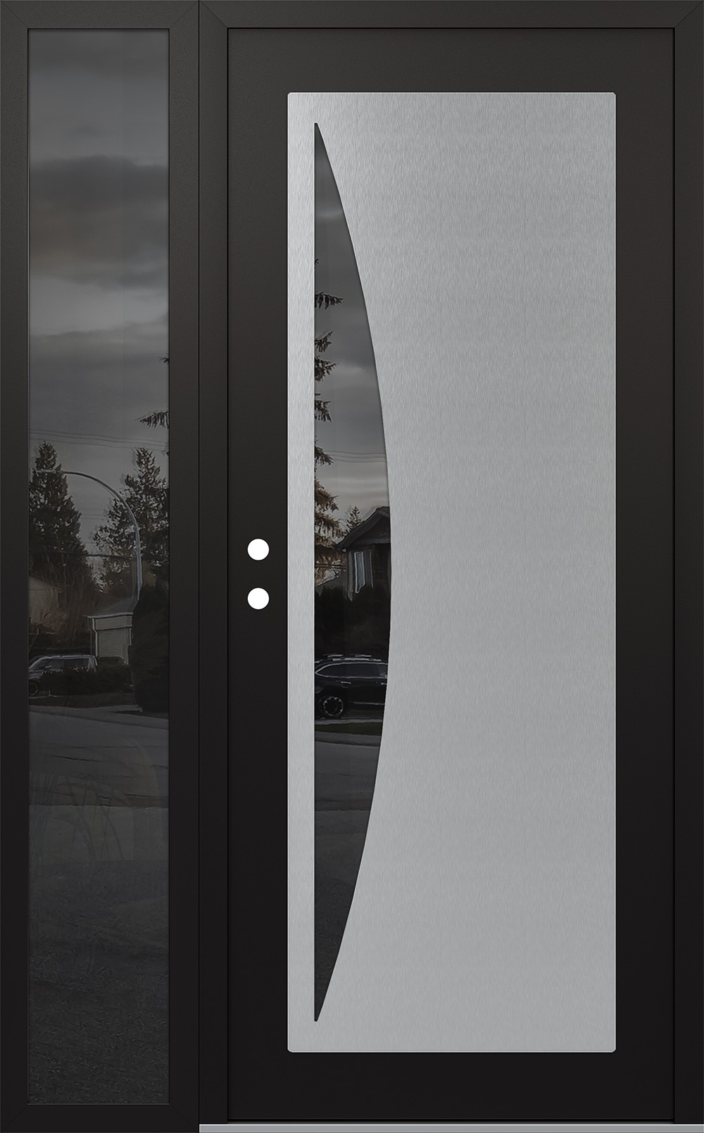 Modern Steel Front Door Diamond C13 48" x 80" black/black mirrored Glass Panel stainless steel RHI with Sidelite mirrored Glass