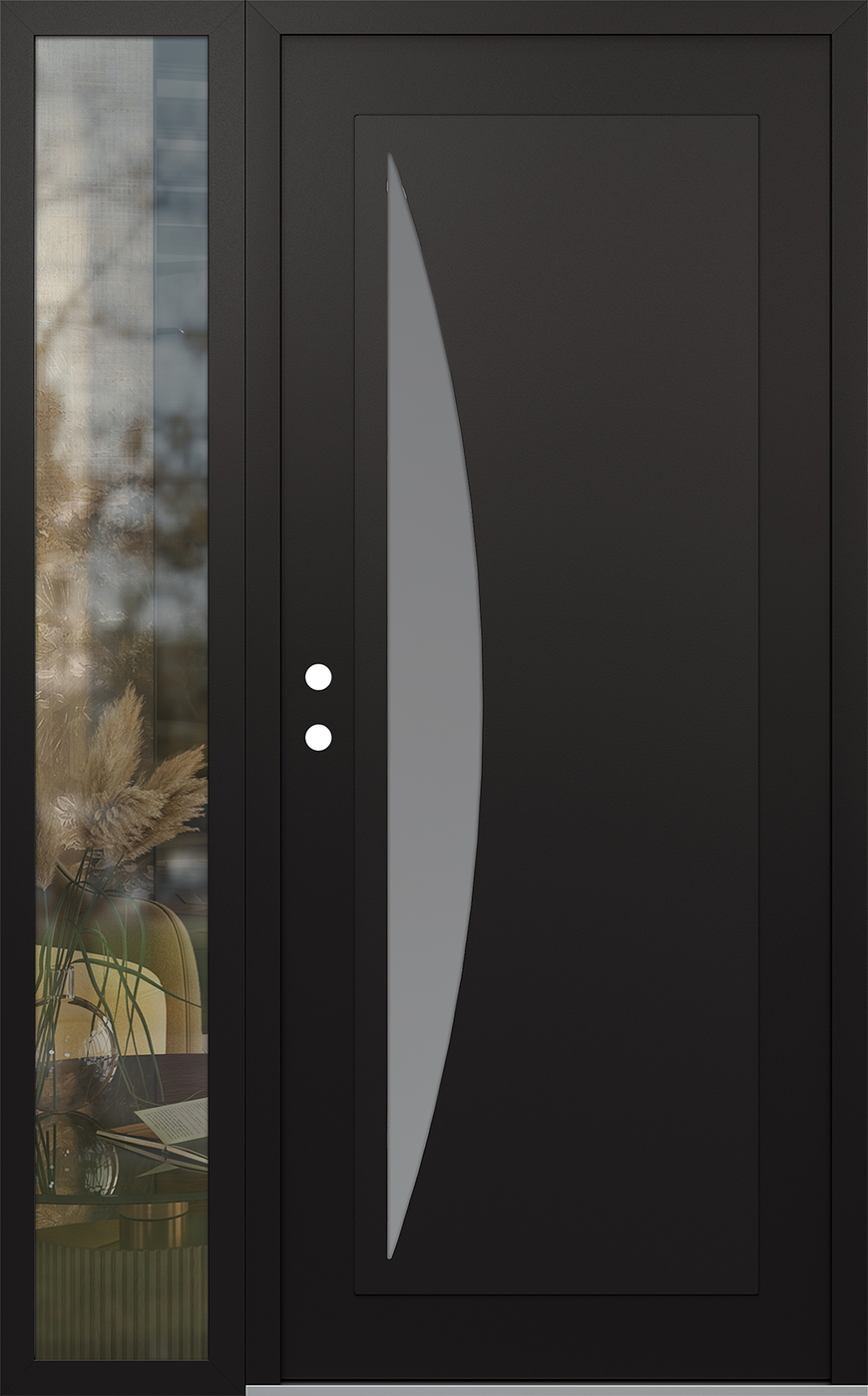 Modern Steel Front Door Diamond C13 48" x 80" black/white frosted Glass Panel black RHI with Sidelite clear Glass