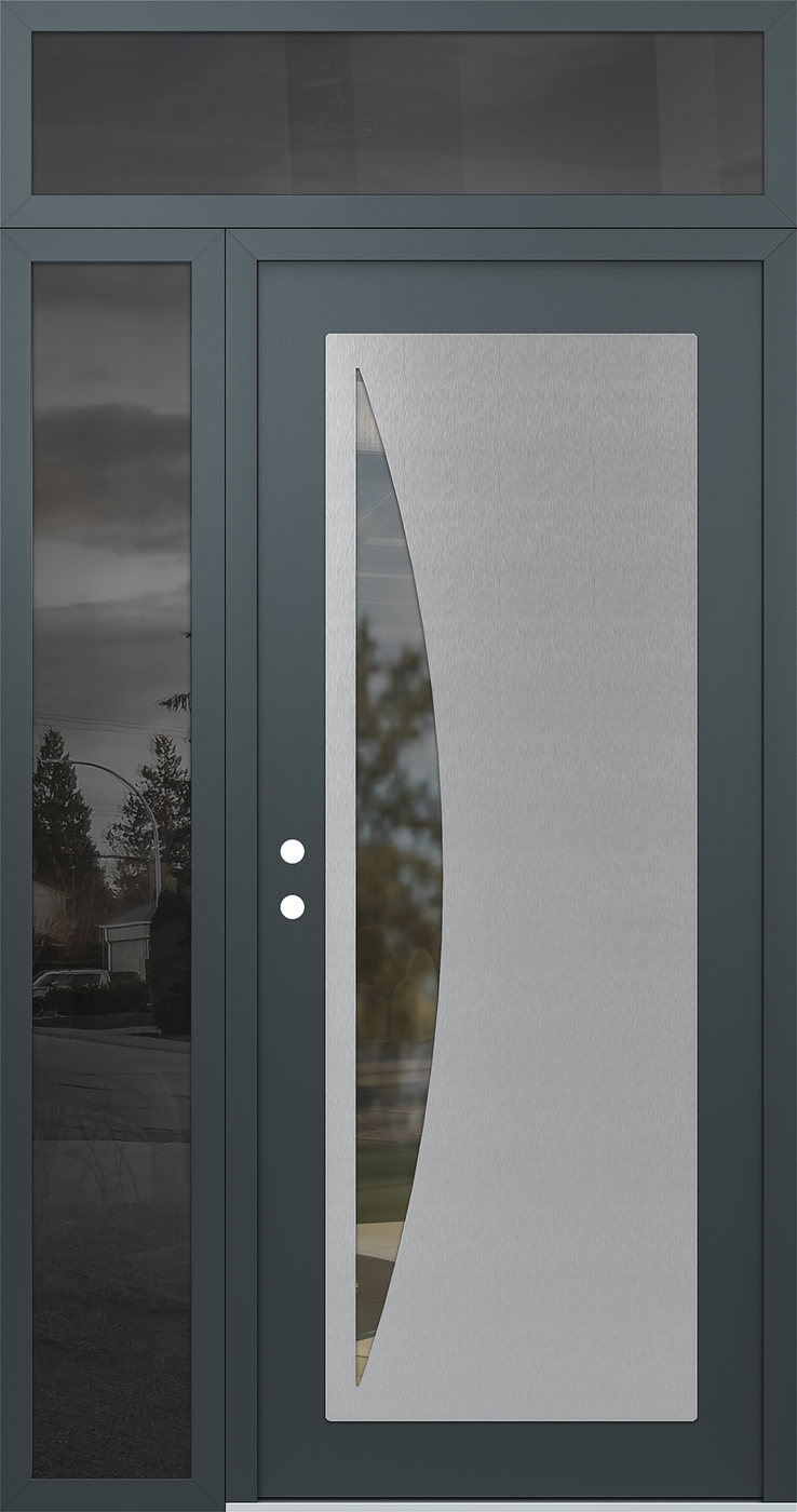 Modern Steel Front Door Diamond C13 48" x 96" anthracite/anthracite clear Glass Panel stainless steel RHI with Sidelite and Transom mirrored Glass