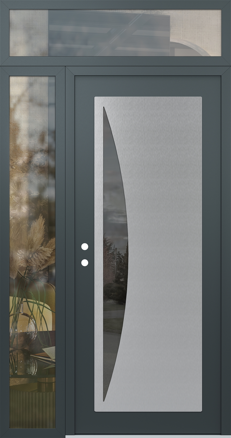 Modern Steel Front Door Diamond C13 48" x 96" anthracite/anthracite mirrored Glass Panel stainless steel RHI with Sidelite and Transom clear Glass